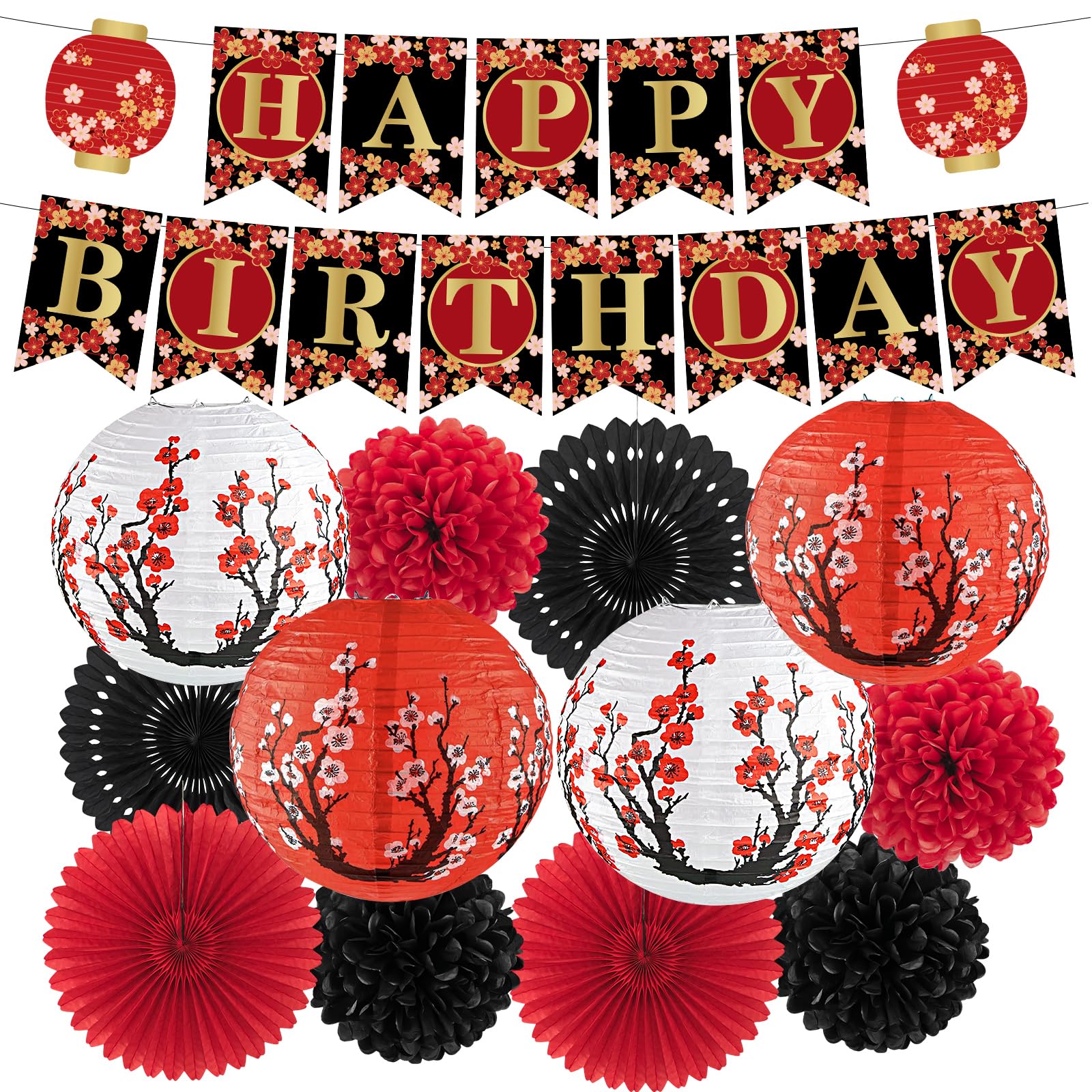 14Pcs Hibachi Party Decorations  Japanese Lanterns with Cherry Blossom Patterns Tissue Paper Pom Poms Round Paper Fans Happy Birthday Banner Set for Hibachi Japanese Party Decorations