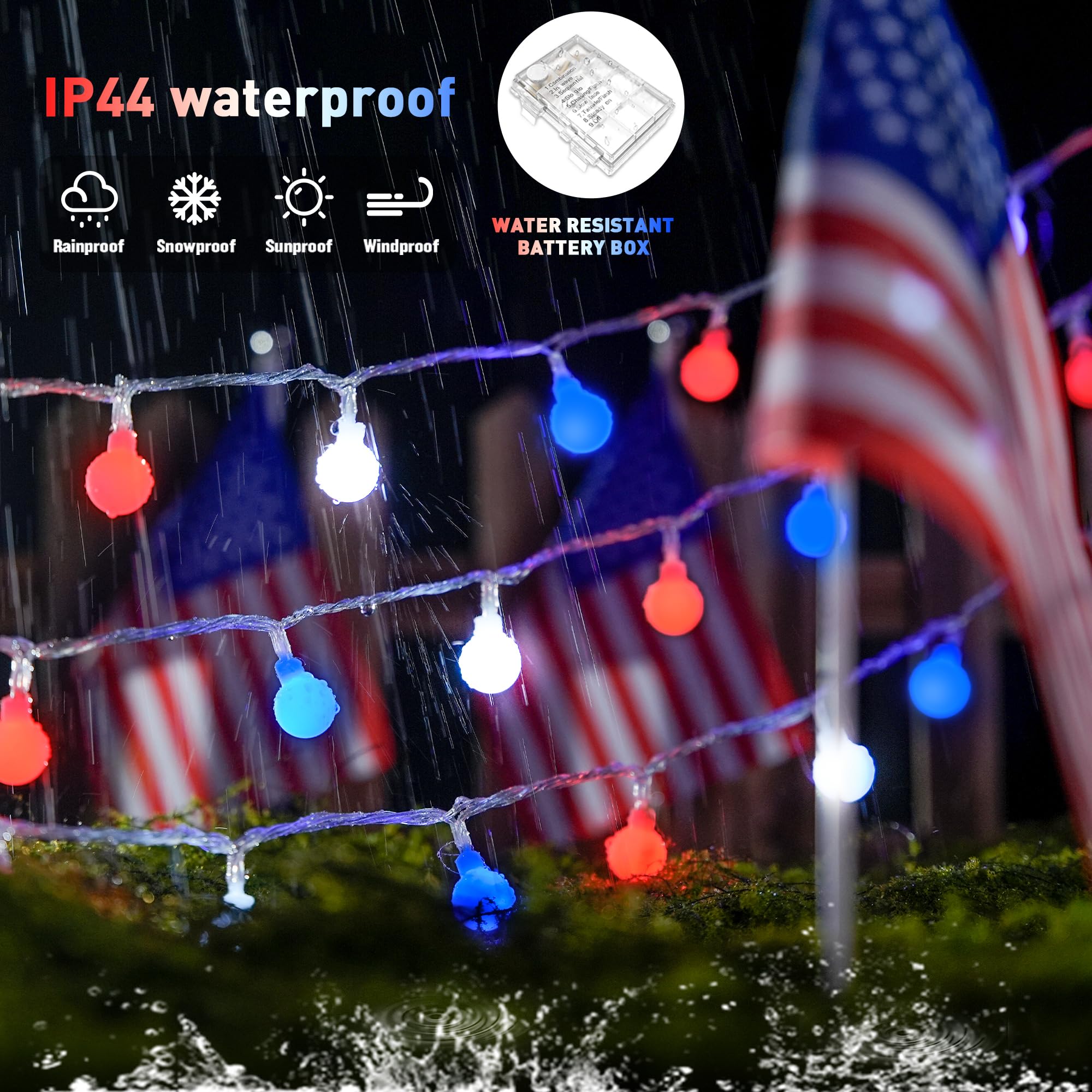 100 Led Globe String Lights Battery Operated Christmas Lights Indoor, 33Ft Battery Powered String Lights Outdoor Waterproof, 8 Modes Red White And Blue Lights For Patriotic Christmas Decorations
