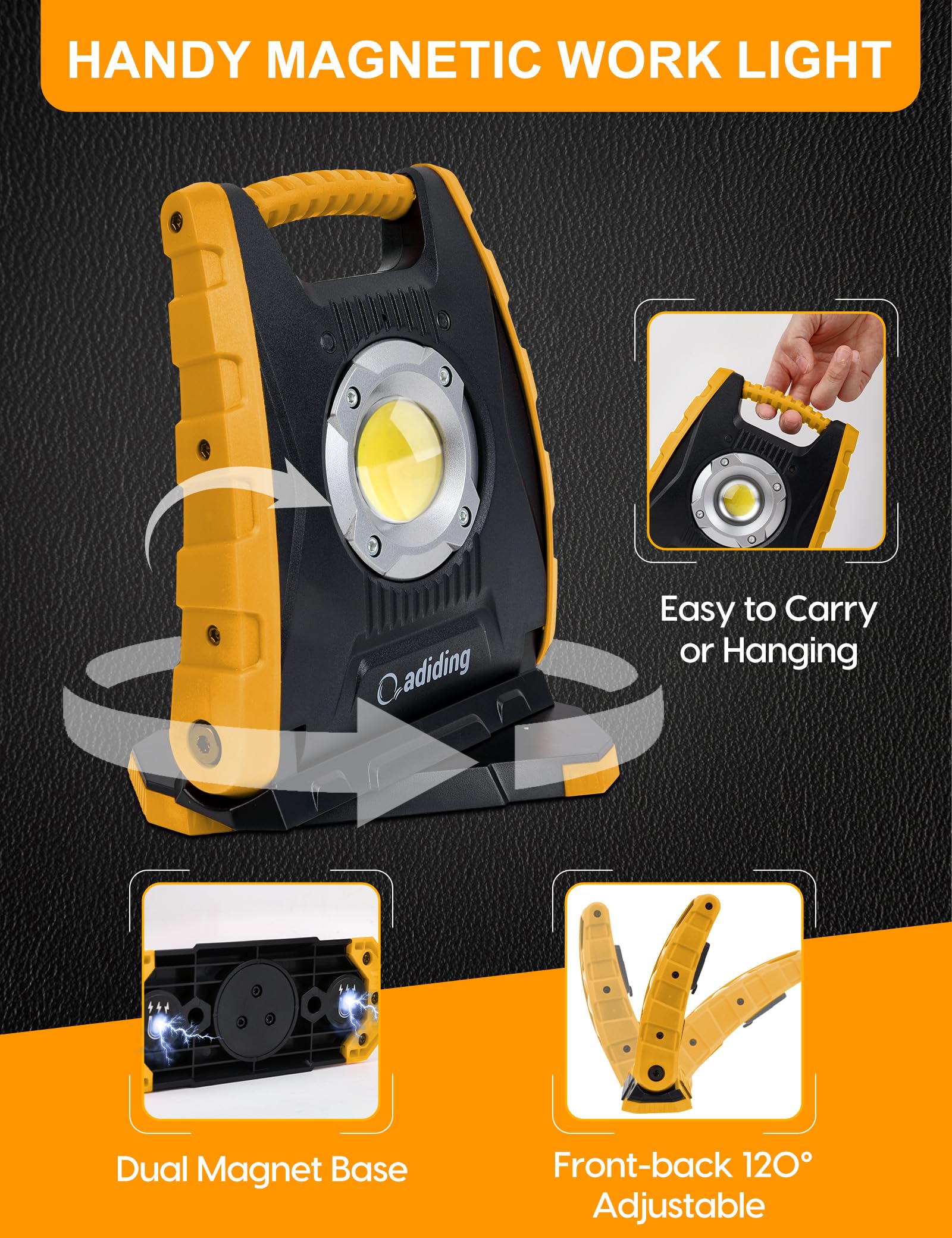 Adiding Rechargeable Led Work Light 4400Mah, Portable Flood Light Underhood Work Light With Sensor & 360 Rotation Magnetic Base,
