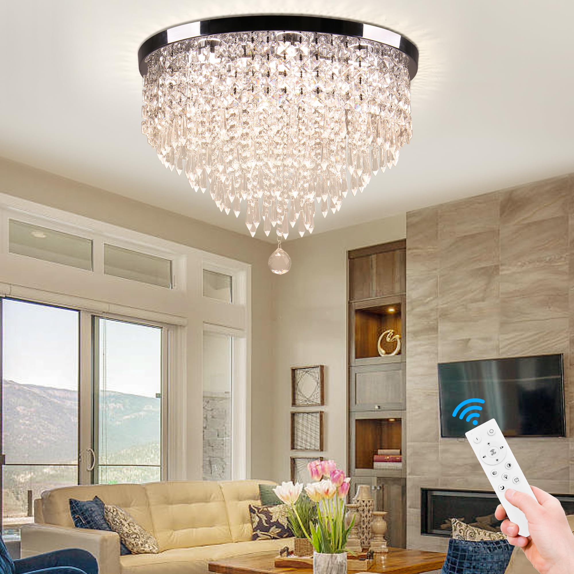 Ypqxyhda 19.7'' Crystal Chandeliers Led Crystal Ceiling Light With Remote Control Modern Flush Mount Chandelier For Bedroom Livi