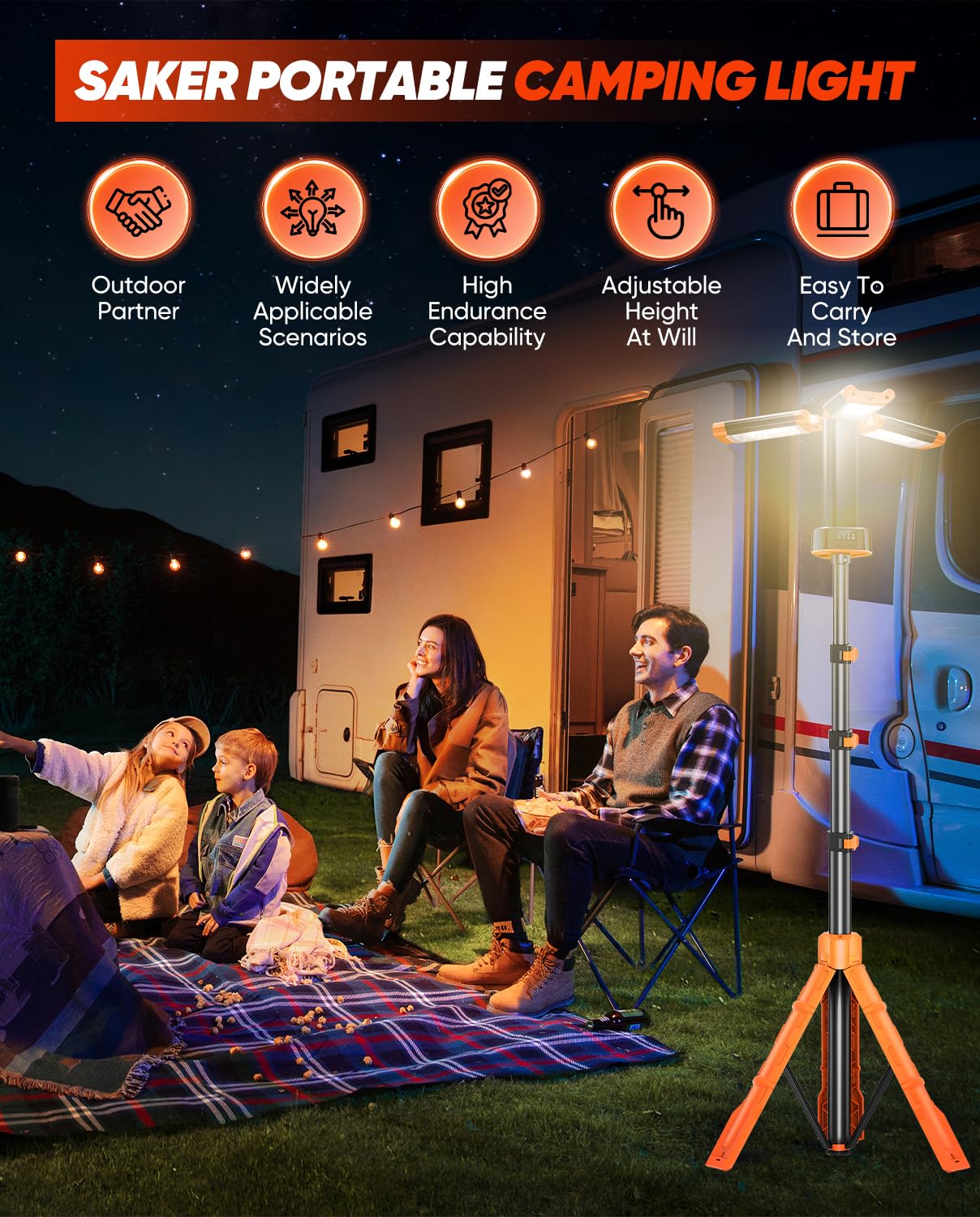 Saker Portable Camping Light LD18 - 20000mAh Rechargeable, 800/3200 Lumen, 73inch Stand, Orange - Ideal for Camping, Garage, and Emergencies