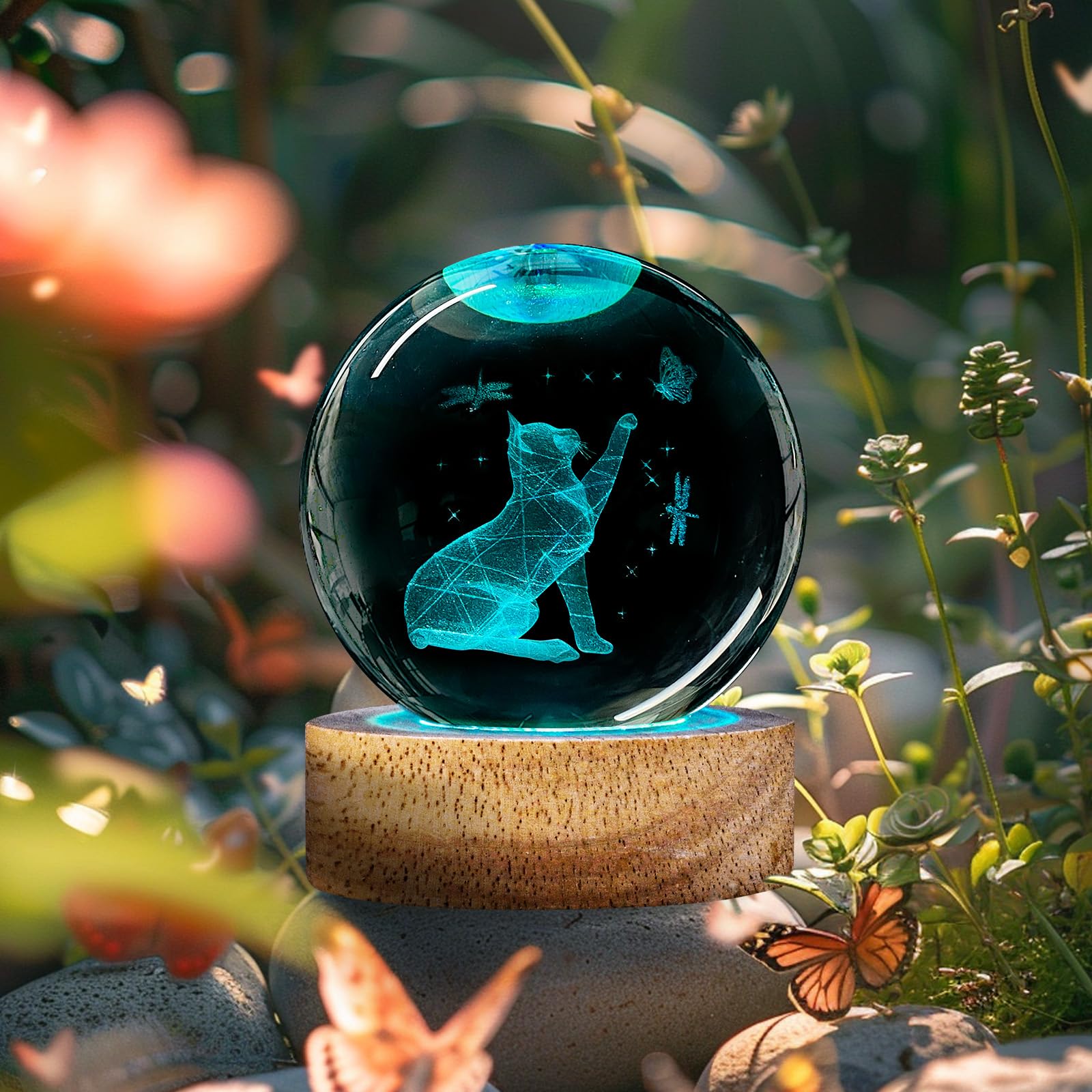 3D Crystal Ball Night Light Cat Lover Gifts For Women, 60Mm Cat Figurines Glass Lamps With 16 Color And Remote, Cute Room Table