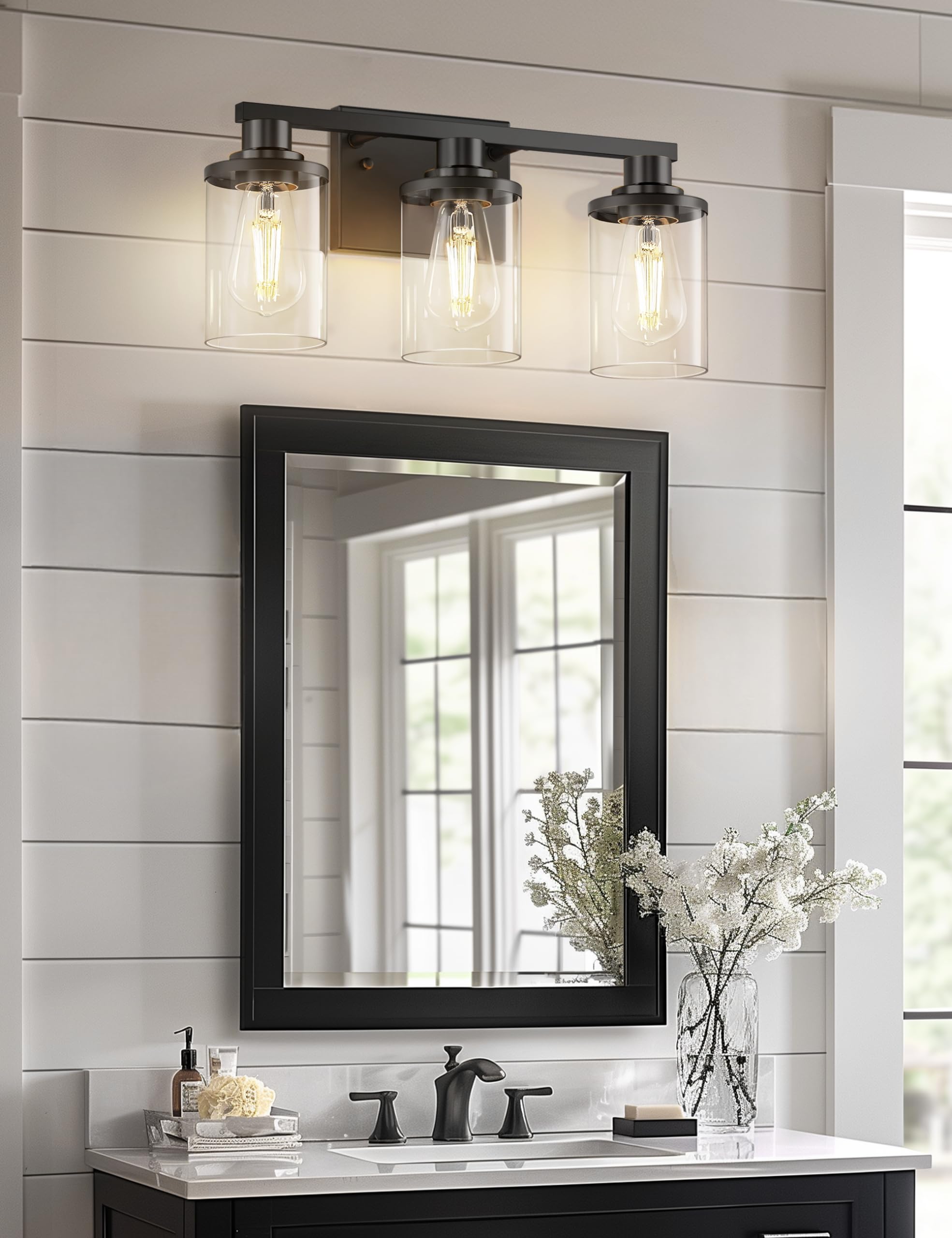 L LOHAS LED 3-Light Black Bathroom Light Fixture, Modern Vanity Lighting with Clear Glass Shade