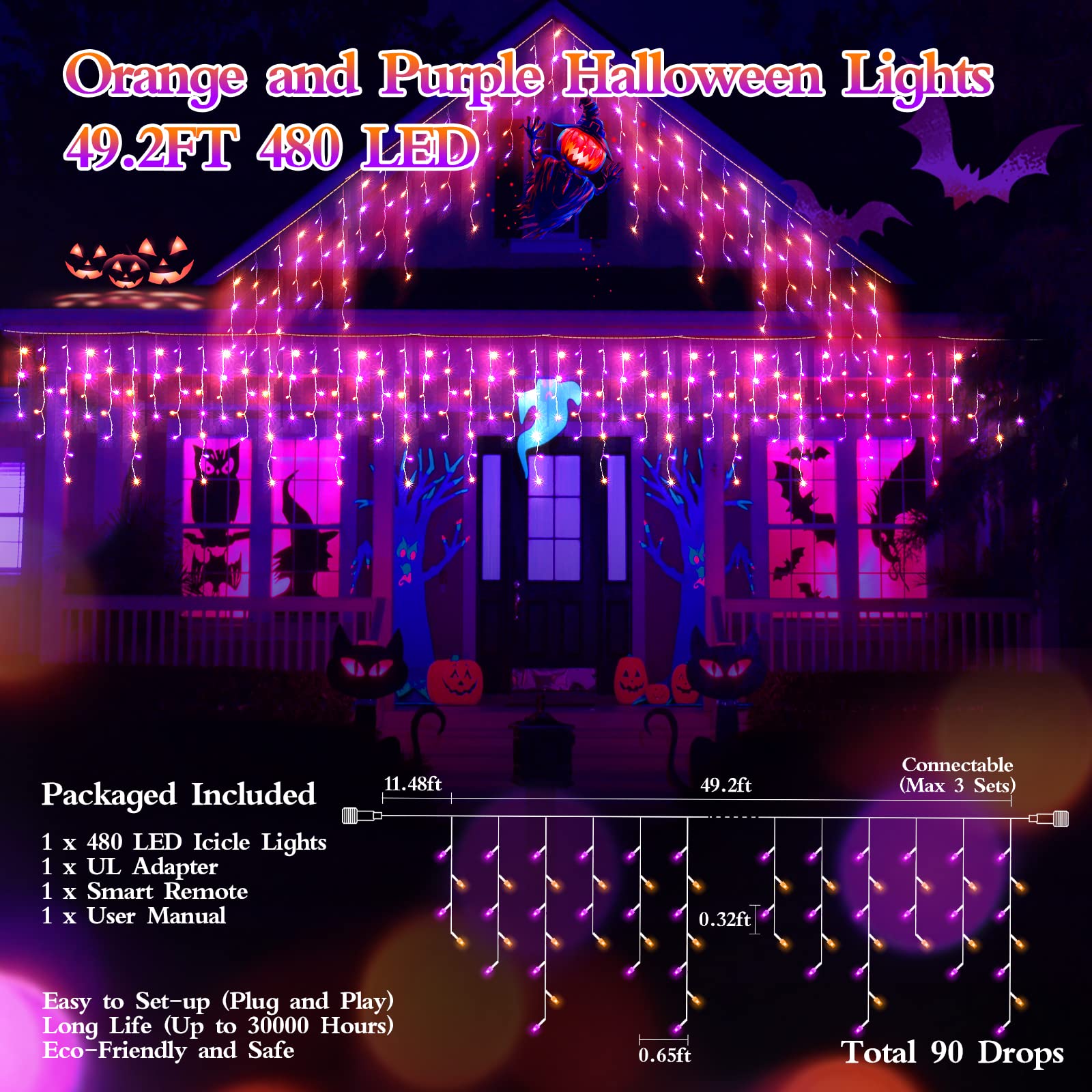 480 Led 49Ft Halloween Lights Plug In 8 Modes With Timer Dimmable Halloween Decorations Outdoor Waterproof Indoor Curtain String