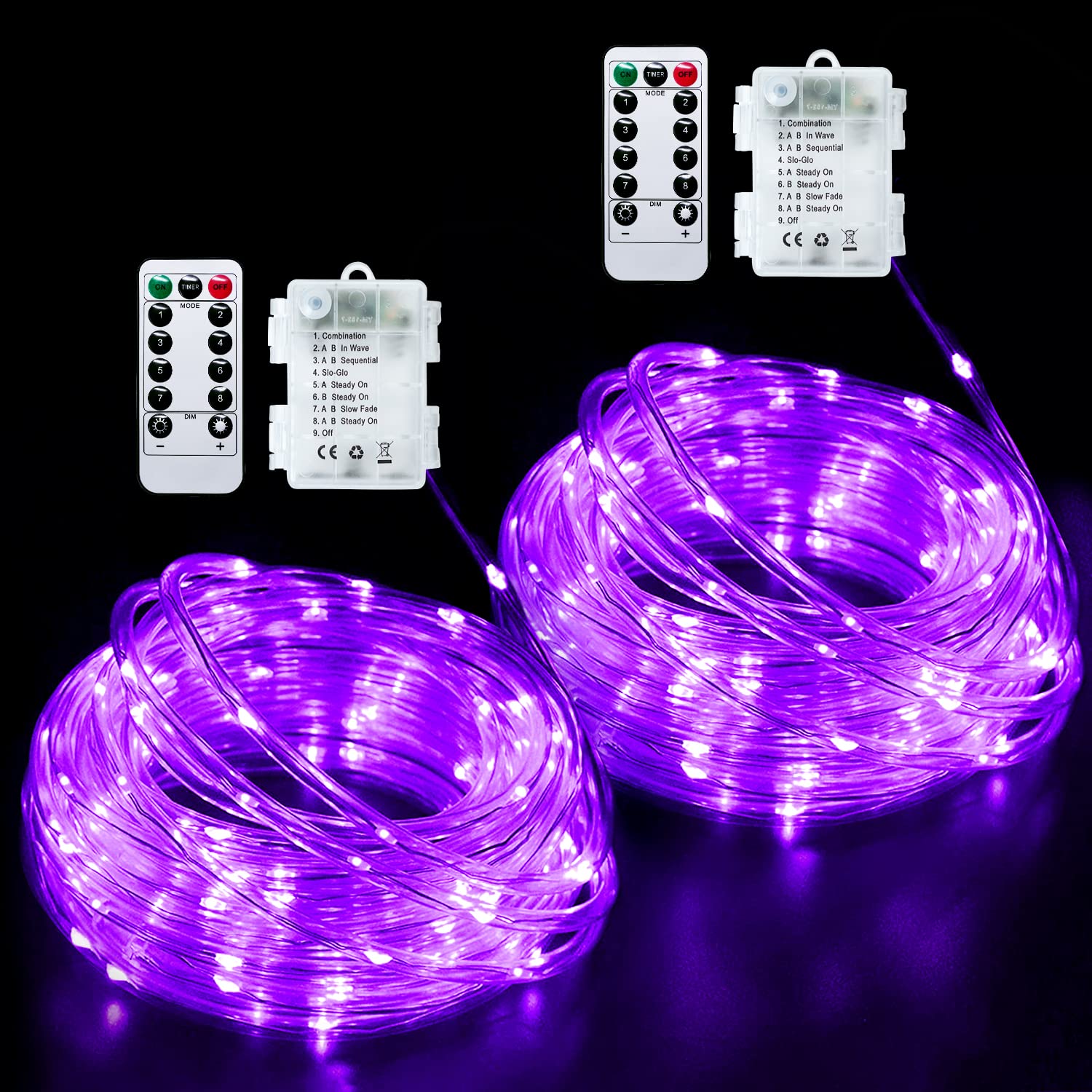 JMEXSUSS Purple Rope Lights, 33 ft Each, 100 LED, Battery Operated, Waterproof, 2 Pack for Outdoor Halloween Decor