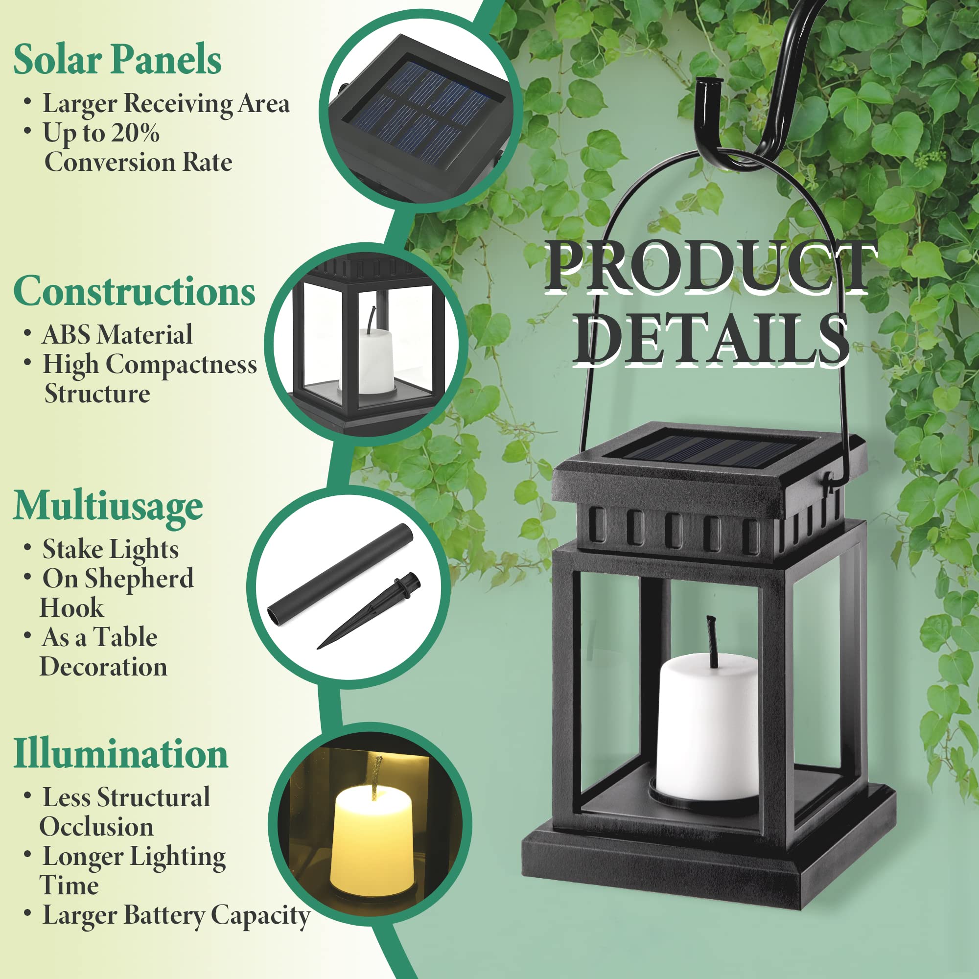 SOLPEX Solar Lanterns Outdoor - 8 Pack LED Hanging Lights, Waterproof, Candle Effect, Black, 3.5"x3.5"x16.2", Model 8374-X