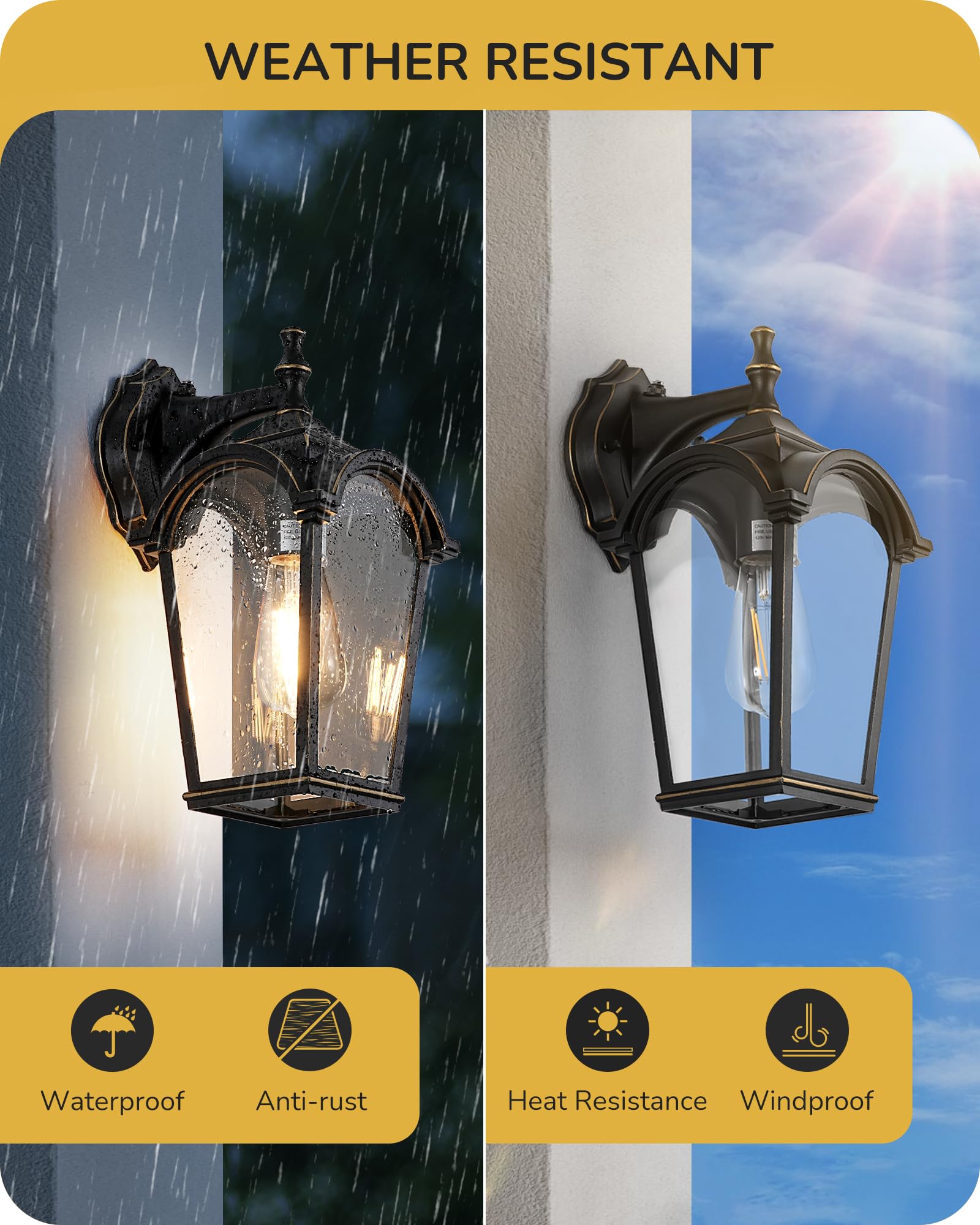 EDISHINE Dusk to Dawn Outdoor Wall Lights, Waterproof Exterior Light Fixtures, Black Wall Sconce Porch Lighting with Clear Tempe