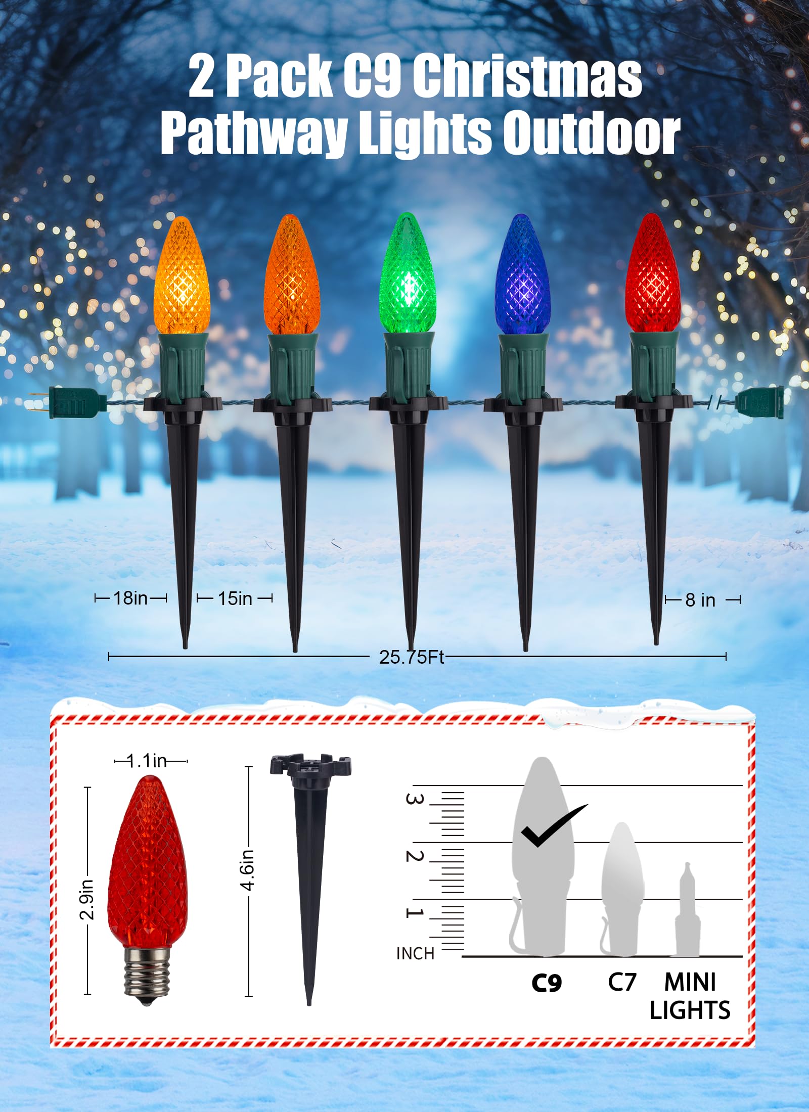 Brightown C9 Christmas Pathway Lights, 25.7ft 20 LED Multicolor Outdoor String Lights, Shatterproof with Stakes, 2 Pack