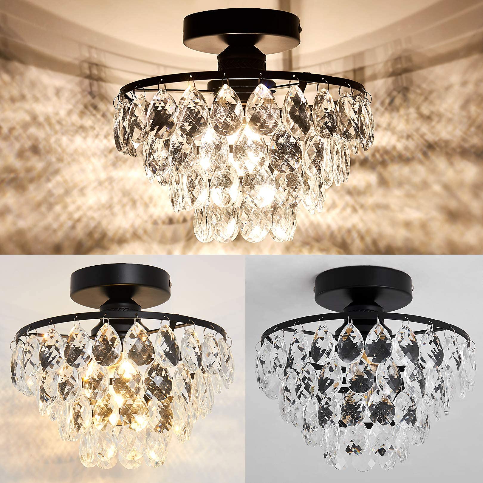 Yyjlx Modern Small Crystal Ceiling Light Fixture Mini Black Semi Flush Mount Chandelier Light Fixture For Hallway Bedroom Bathro