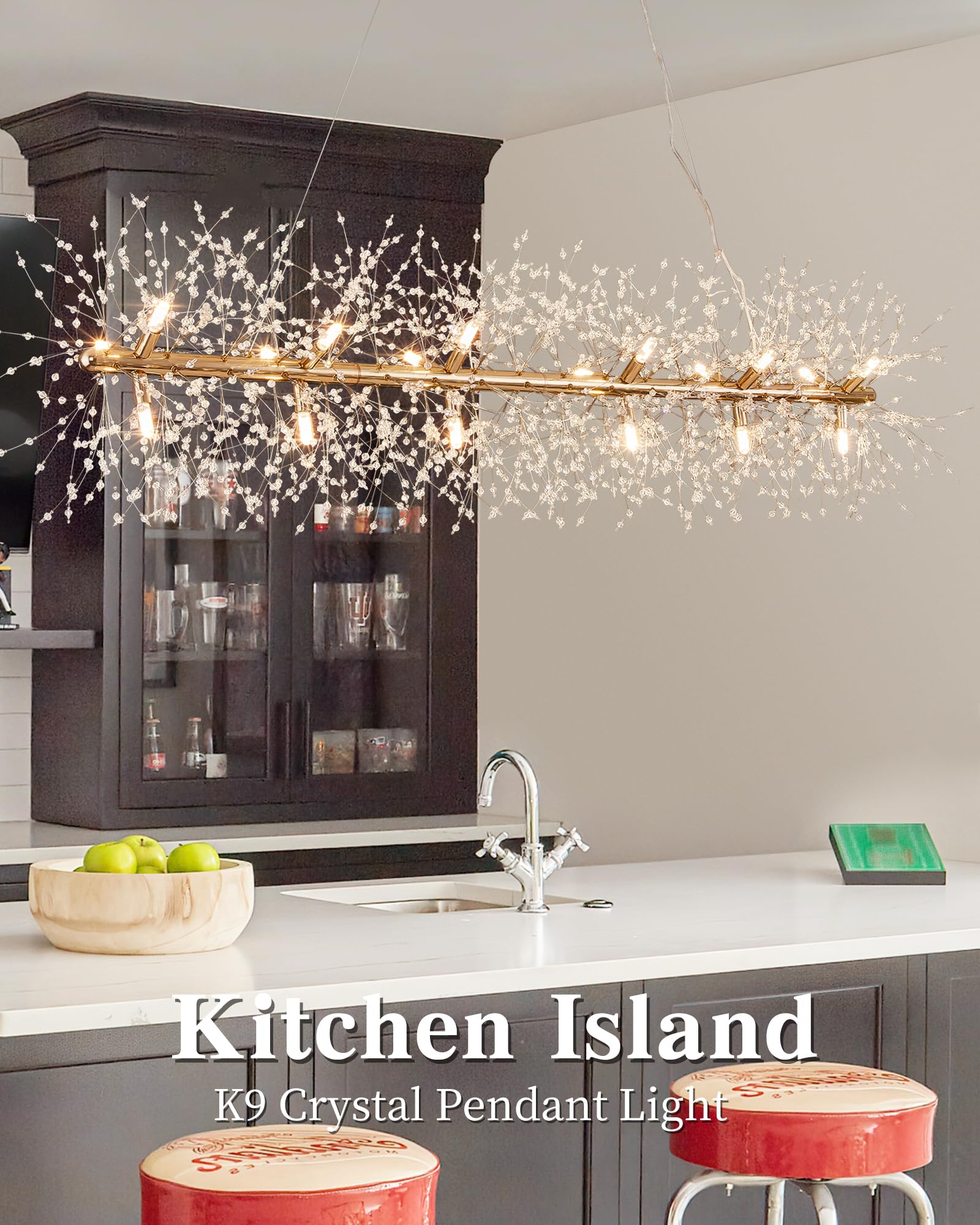 Modern 59'' Modern Gold Crystal Firework Chandelier, 18-Light Pendant Light Fixture, Rectangle Linear Sputnik Dandelion Chandeli