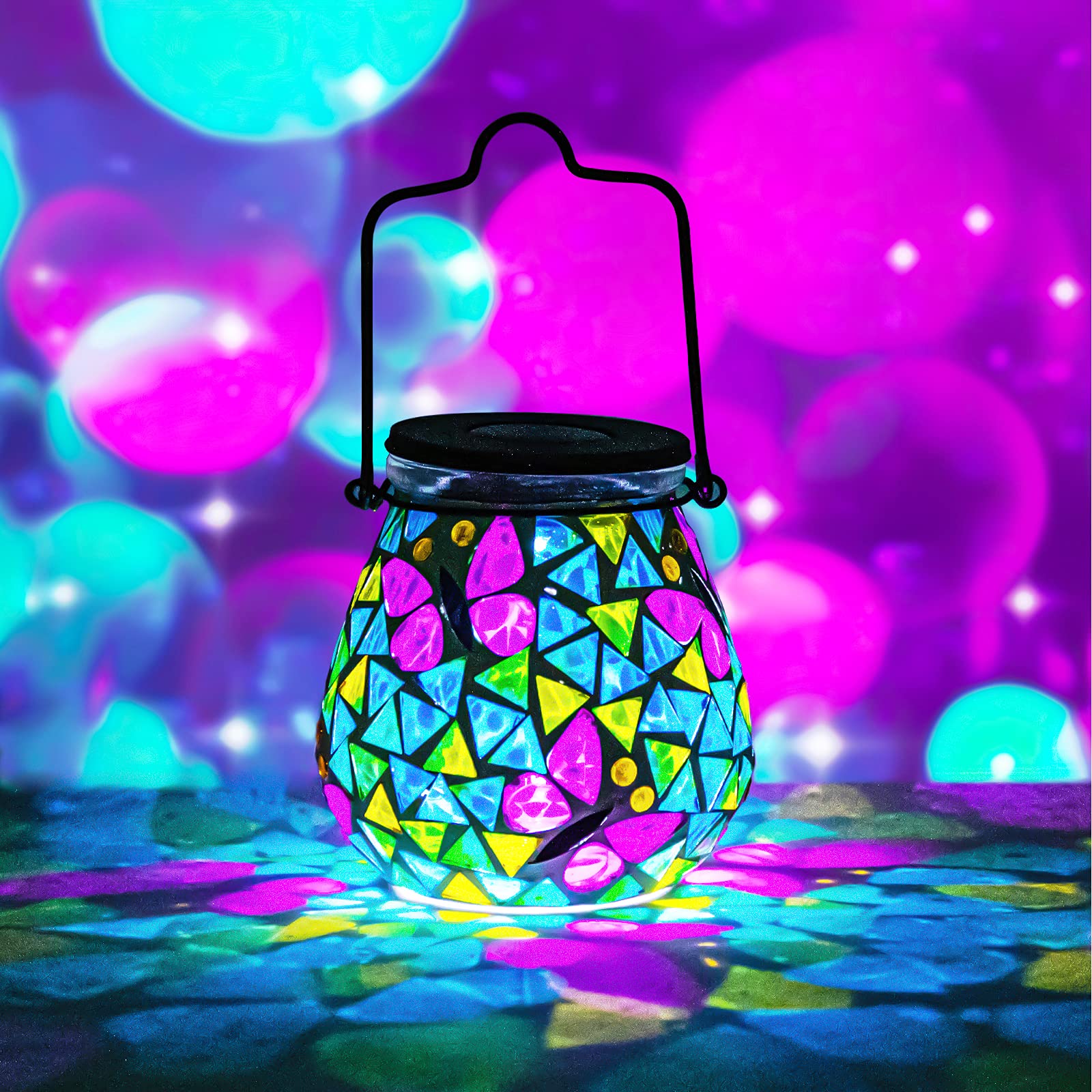 Mosaic Solar Light Outdoor Hanging Lantern - Butterfly Theme Jar Lantern Waterproof Table Lamp for Garden, Patio, Party, Yard, O
