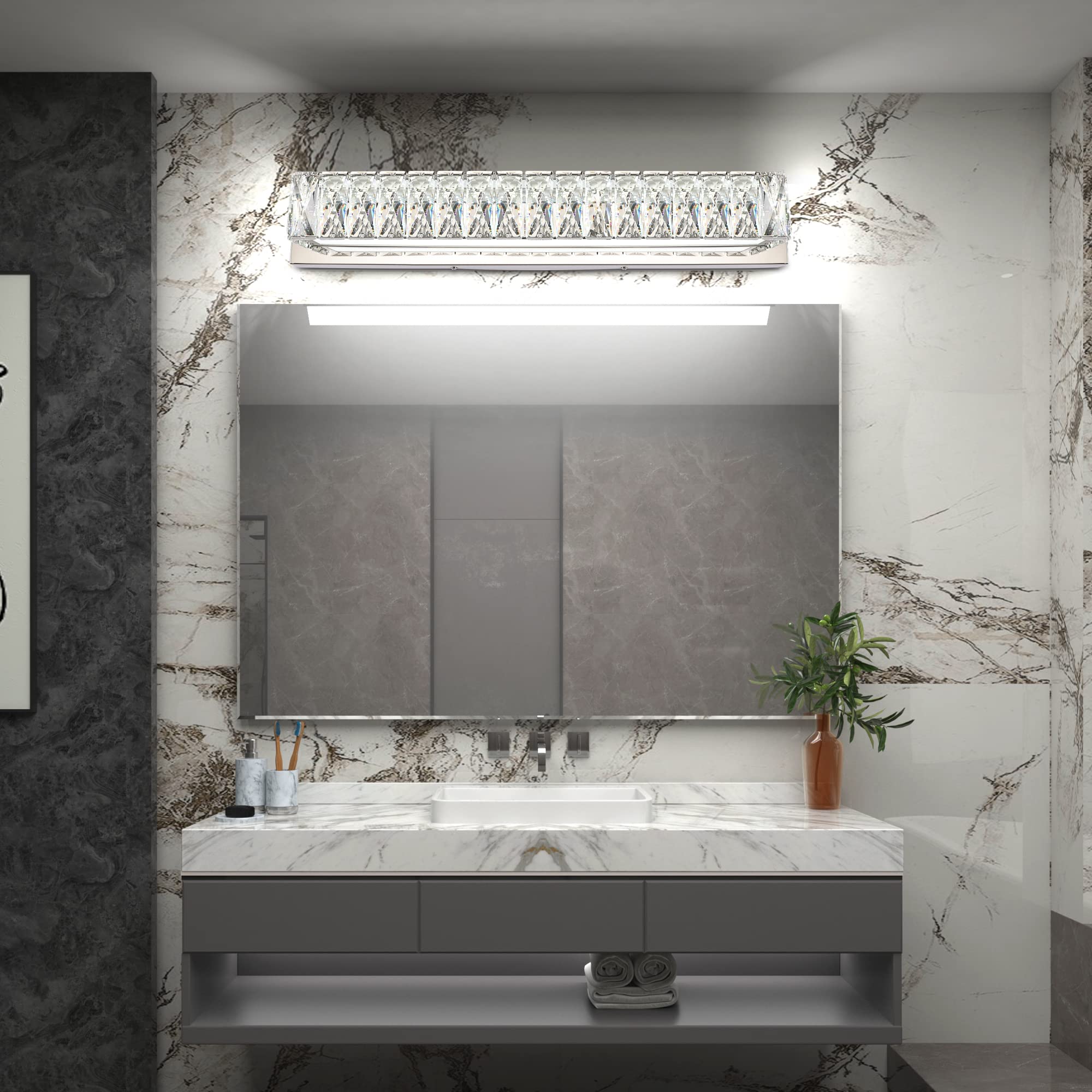 ZUZITO 30" LED Bathroom Vanity Lighting Fixture, Dimmable Polished Chrome & K9 Crystals, Modern Over Mirror Bath Bar Light