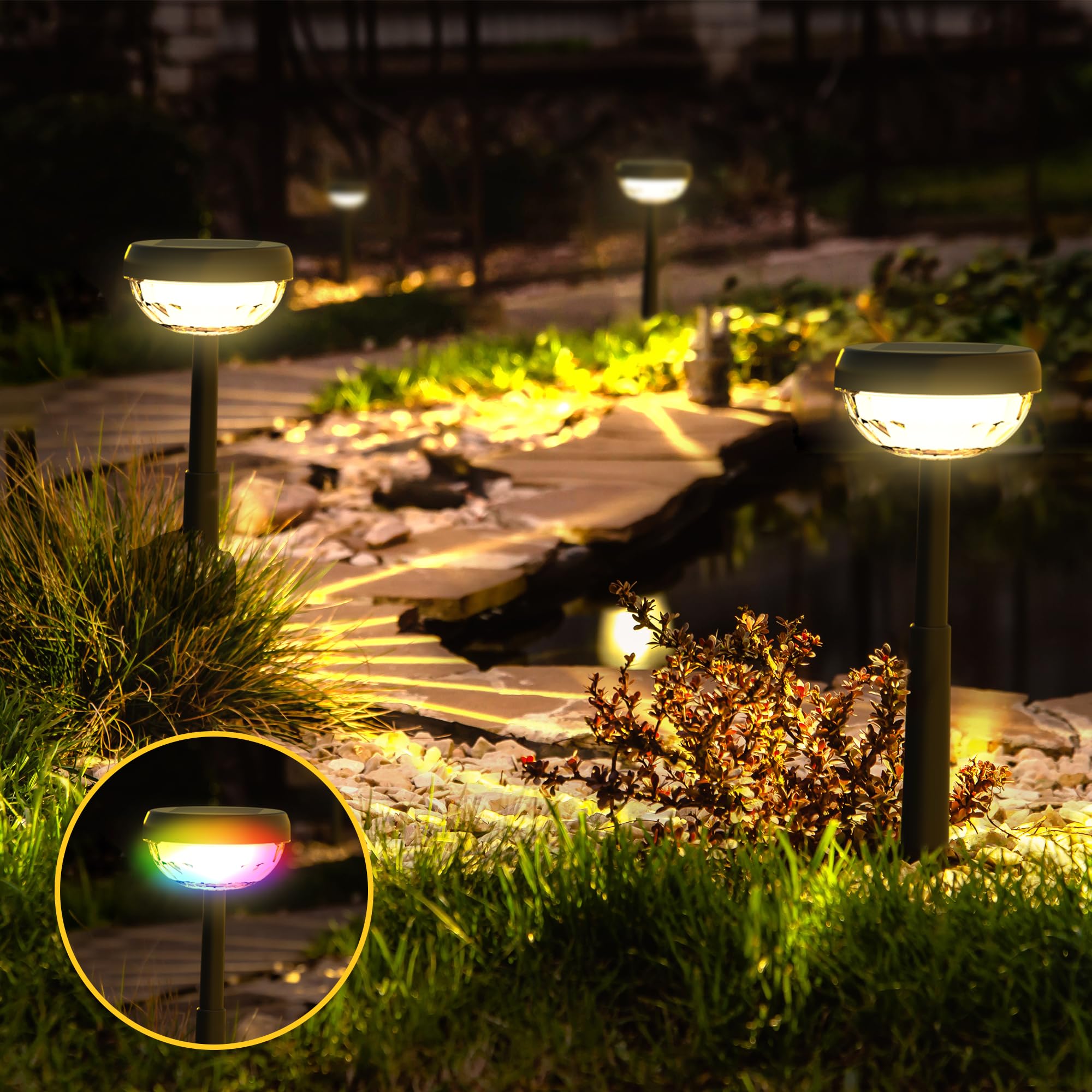 Ensenior Color Changing Solar Lights Outdoor, Auto ON/Off 3000K White Light & RGB LED Solar Garden Lights for Pathway, Yard, Pat
