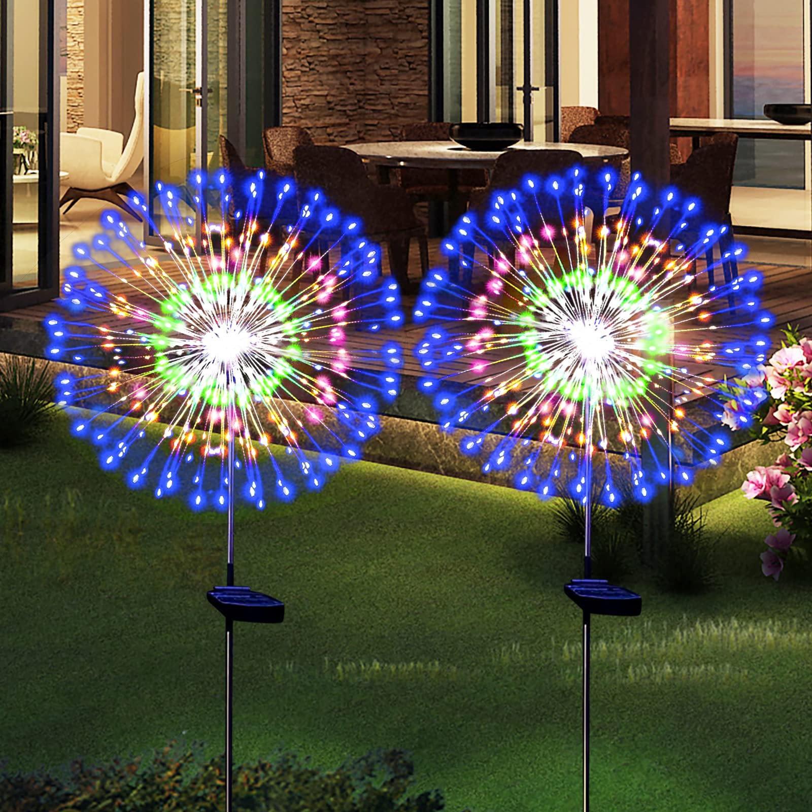 Christmas Solar Garden Firework Lights Outdoor Waterproof 2 Pack Solar Powered Art Stake Twinkle Lighting Outside Solar Lights Upgrad 180 Led Sparklers Lights For Yard Party Decorations (Colorful)