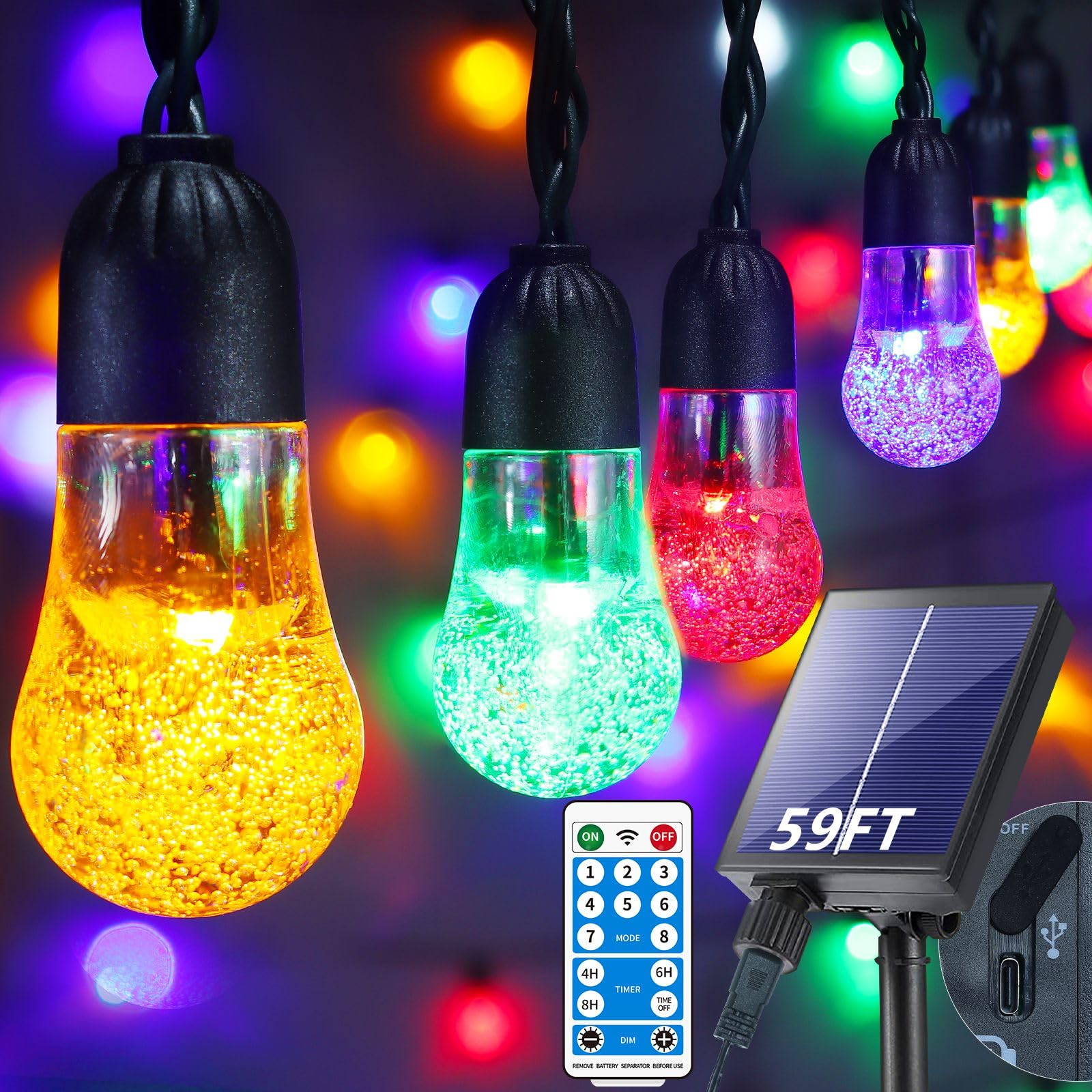 Ryblgled Solar String Lights - 59Ft Waterproof Multicolor Globe Lights with Remote for Outdoor Patio and Camping Decor