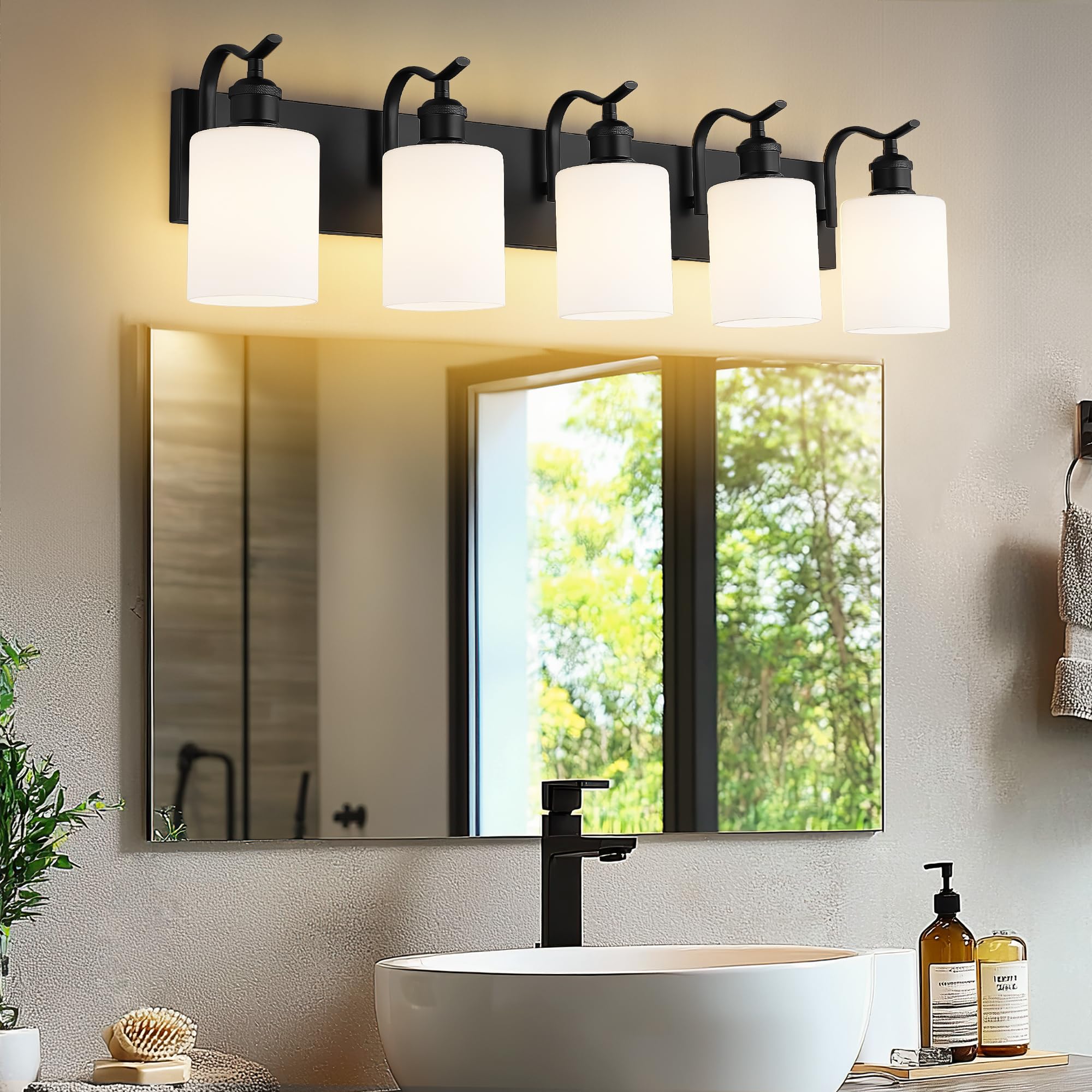 JAZAVA 5-Light Bathroom Vanity Light, Modern Black Wall Sconce, Metal & Milk Glass, Model ZCVL01BKW-5
