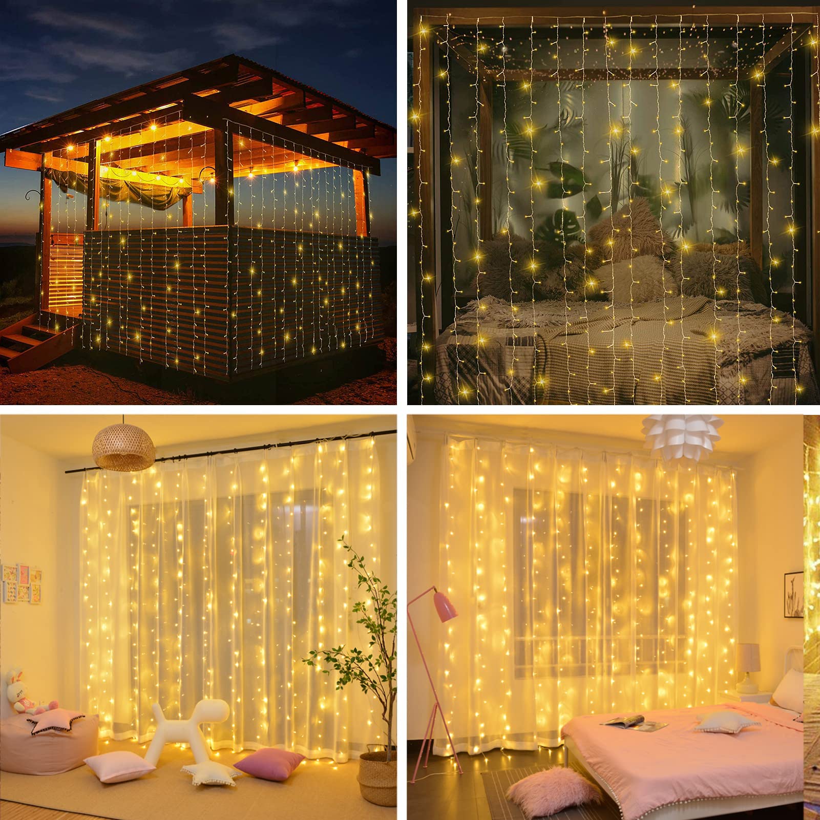 XINXIANLIAN Solar Curtain Lights 300LED Waterproof 8 Modes Warm White for Outdoor Indoor Garden Patio