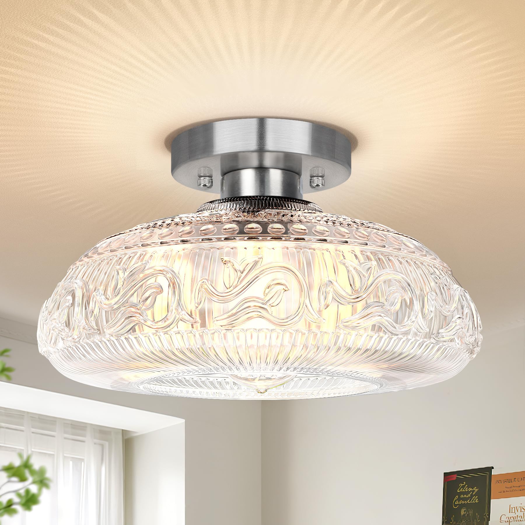 Semi Flush Mount Ceiling Light Fixture - 11 Inch Modern Glass Hall Light, Vintage Light Fixture For Kitchen, Hallway, Bathroom And Entry Way, Compatible With E26 Light Bulb, Silver