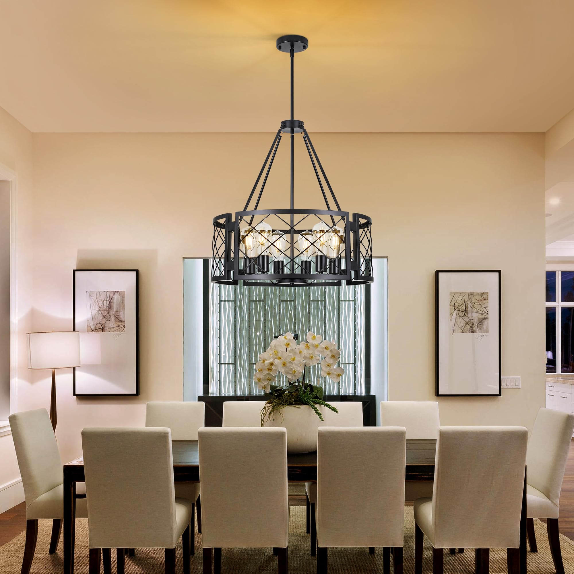 Sigaitwei 6-Light Farmhouse Chandelier Rustic Black Chandelier For Dining Room,Adjustable Pendant Light,Drum Chandelier For Kitc