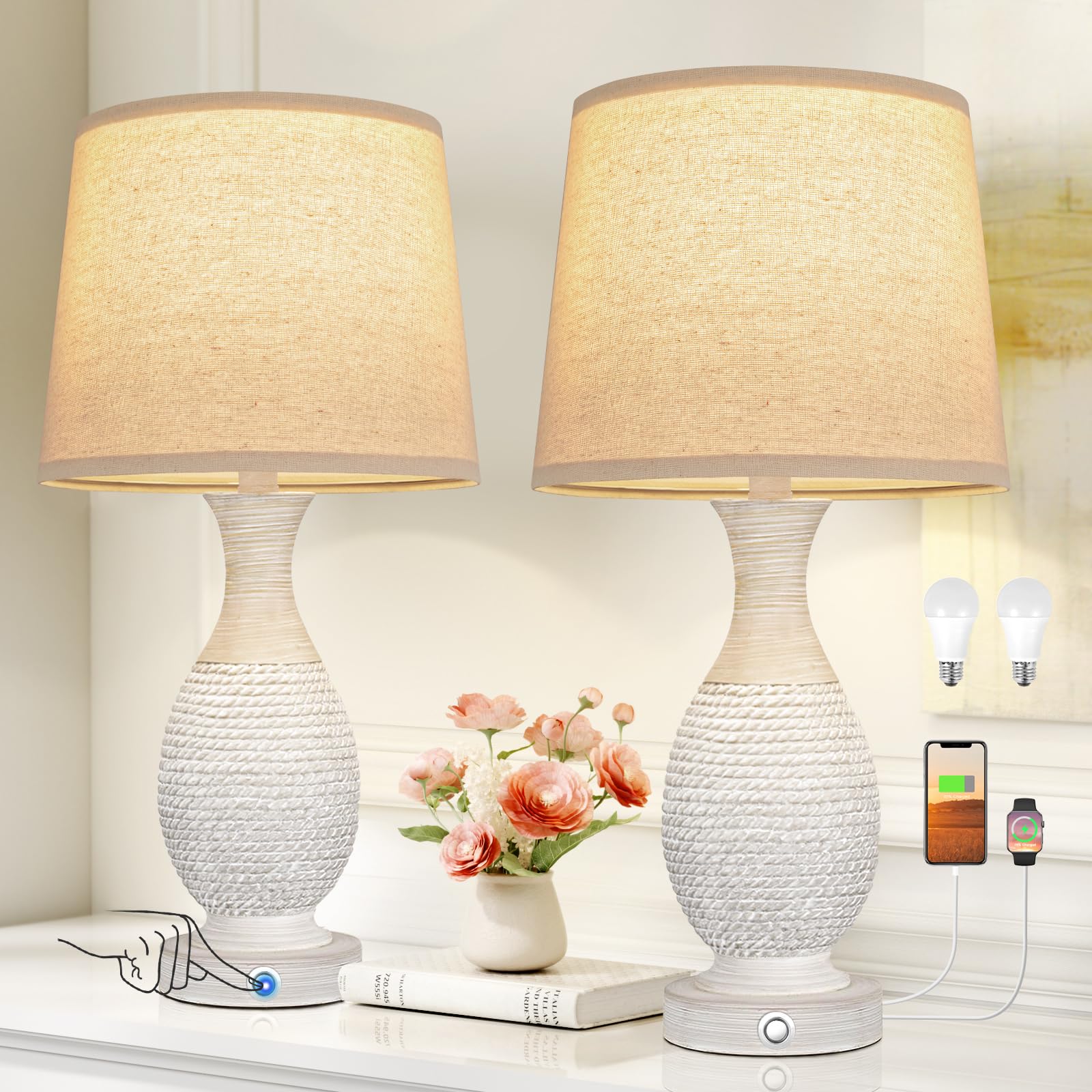 Seealle Bedside Lamps Set of 2 - Dimmable Touch with USB C+A, Resin, 22.6in, C. Oat Shade, Model 07033, Bulbs Included