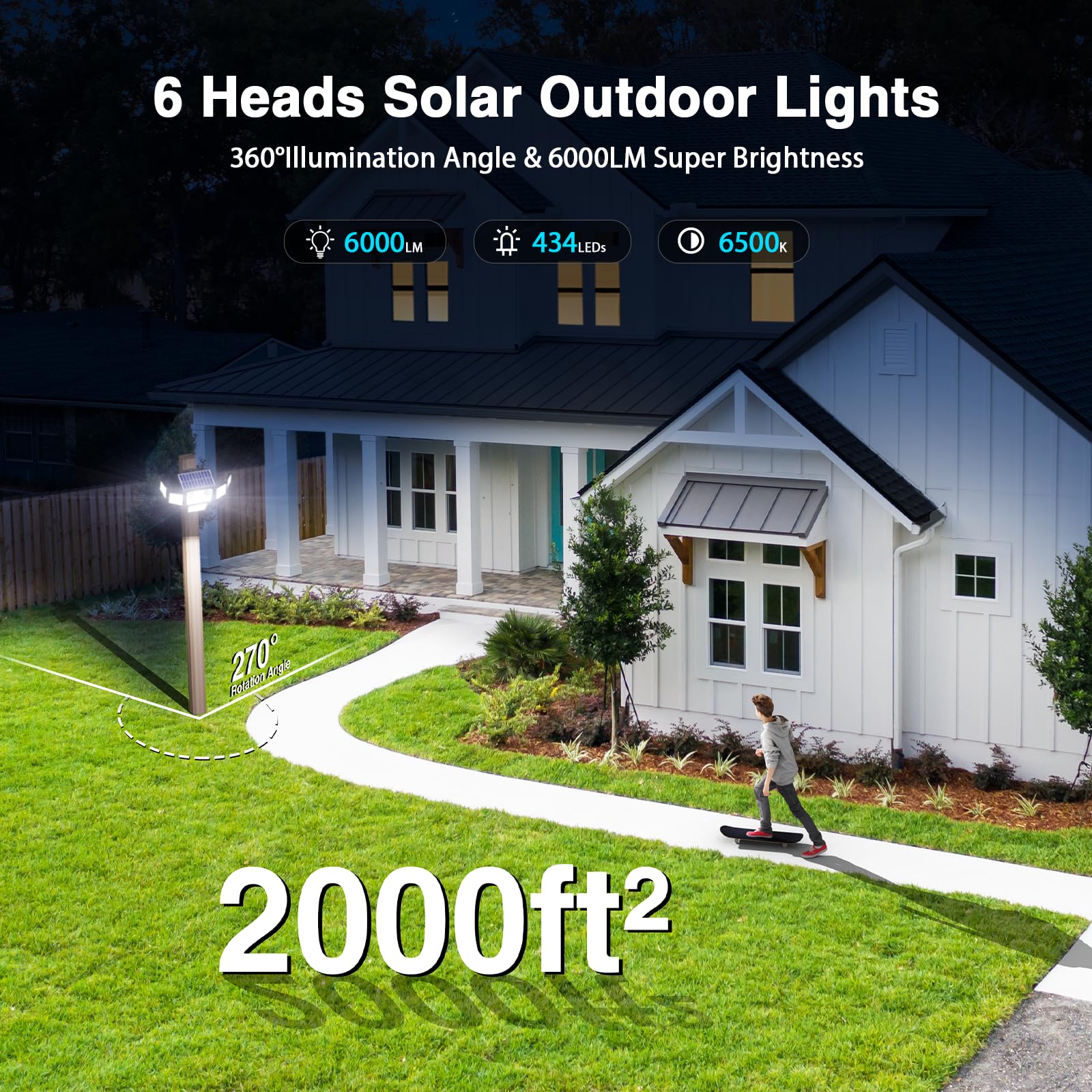 SZPOWER 6000LM Solar Flood Lights, 6 Heads with 2 Motion Sensors, Remote Control, Black, Model SZC10AS6-TY