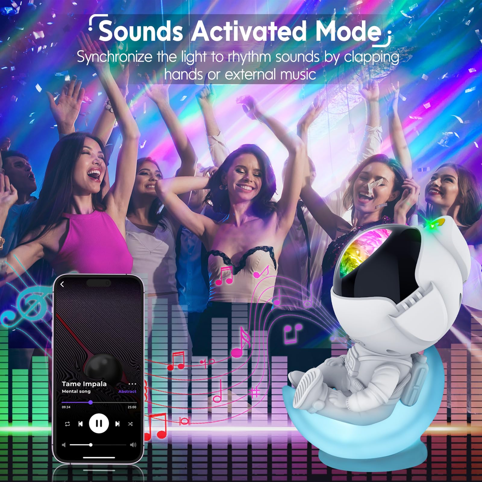 Rossetta Astronaut Galaxy Projector, Dimmable LED Night Light, Aurora White, Model HJ-XKD07, Space-Themed Room Decor for Kids