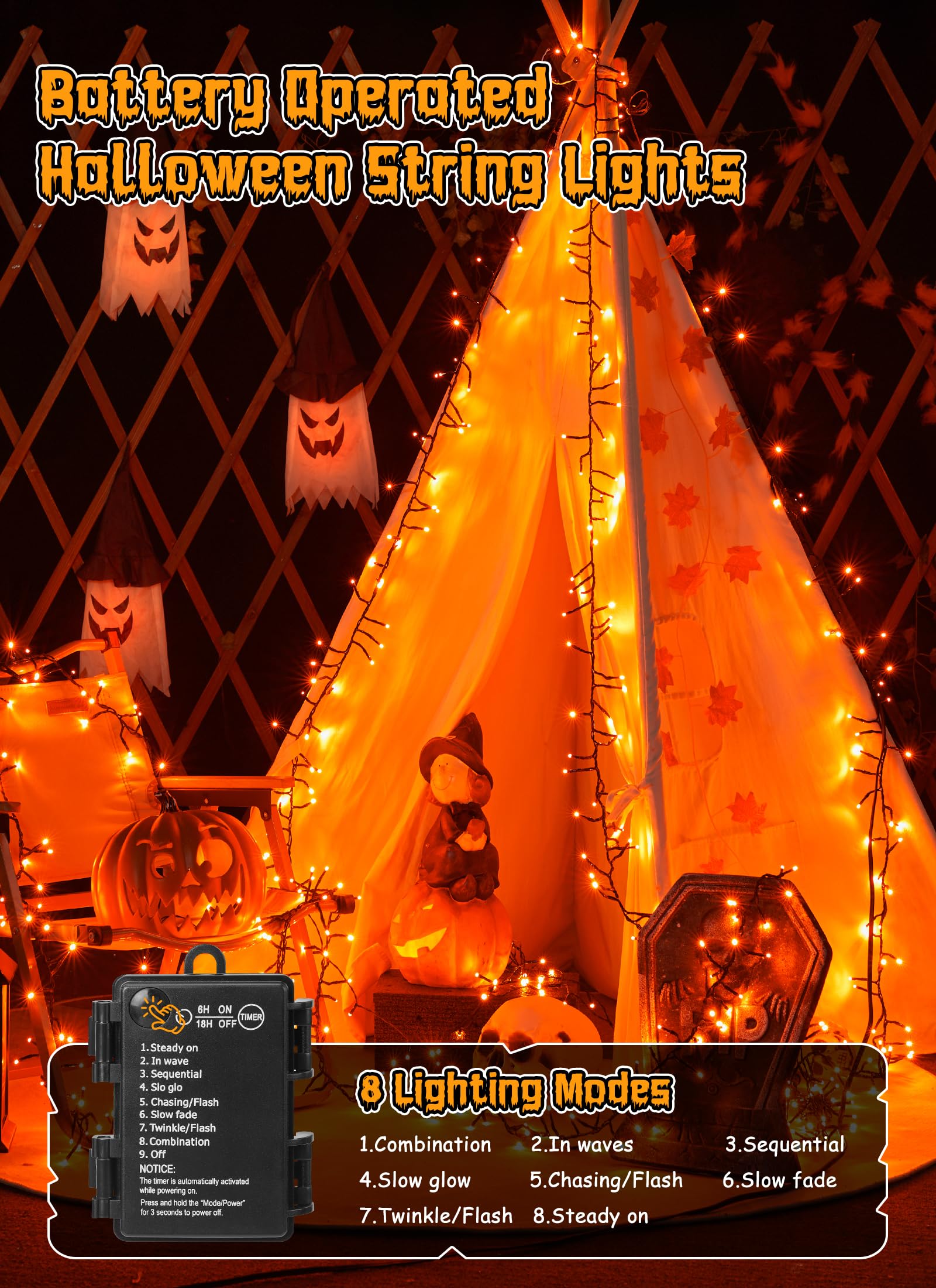 Brightown 10Ft 120 Led Halloween String Lights Battery Operated Outdoor  Orange Halloween Cluster Lights  8 Modes Timer Waterproof Twinkle Fairy String Lights For Indoor Halloween Decorations