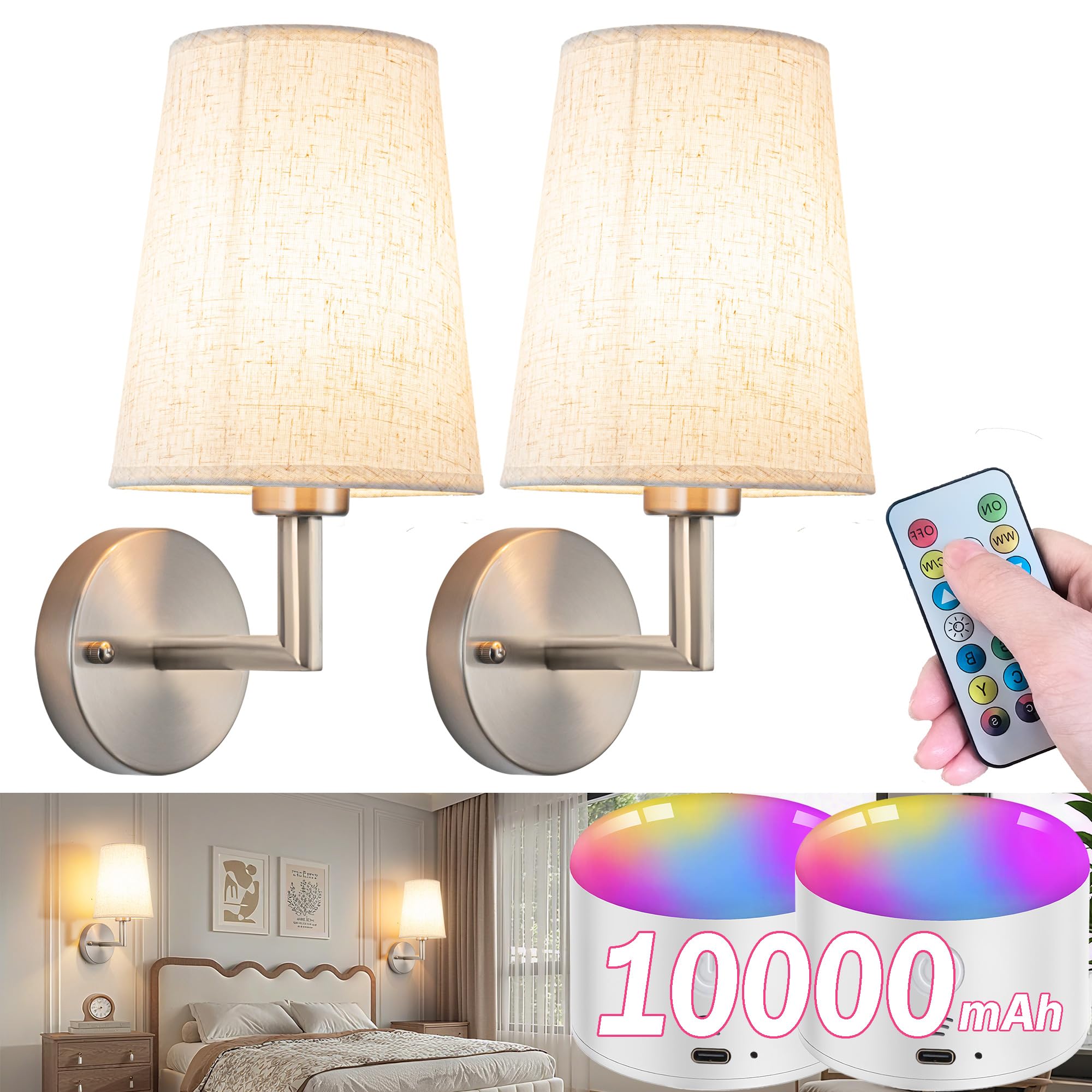 YHCDLAMP Wall Sconce Battery Operated Light with Remote Control, Dimmable, Nickel, One Size, Model YHCDLAMP, Set of Two