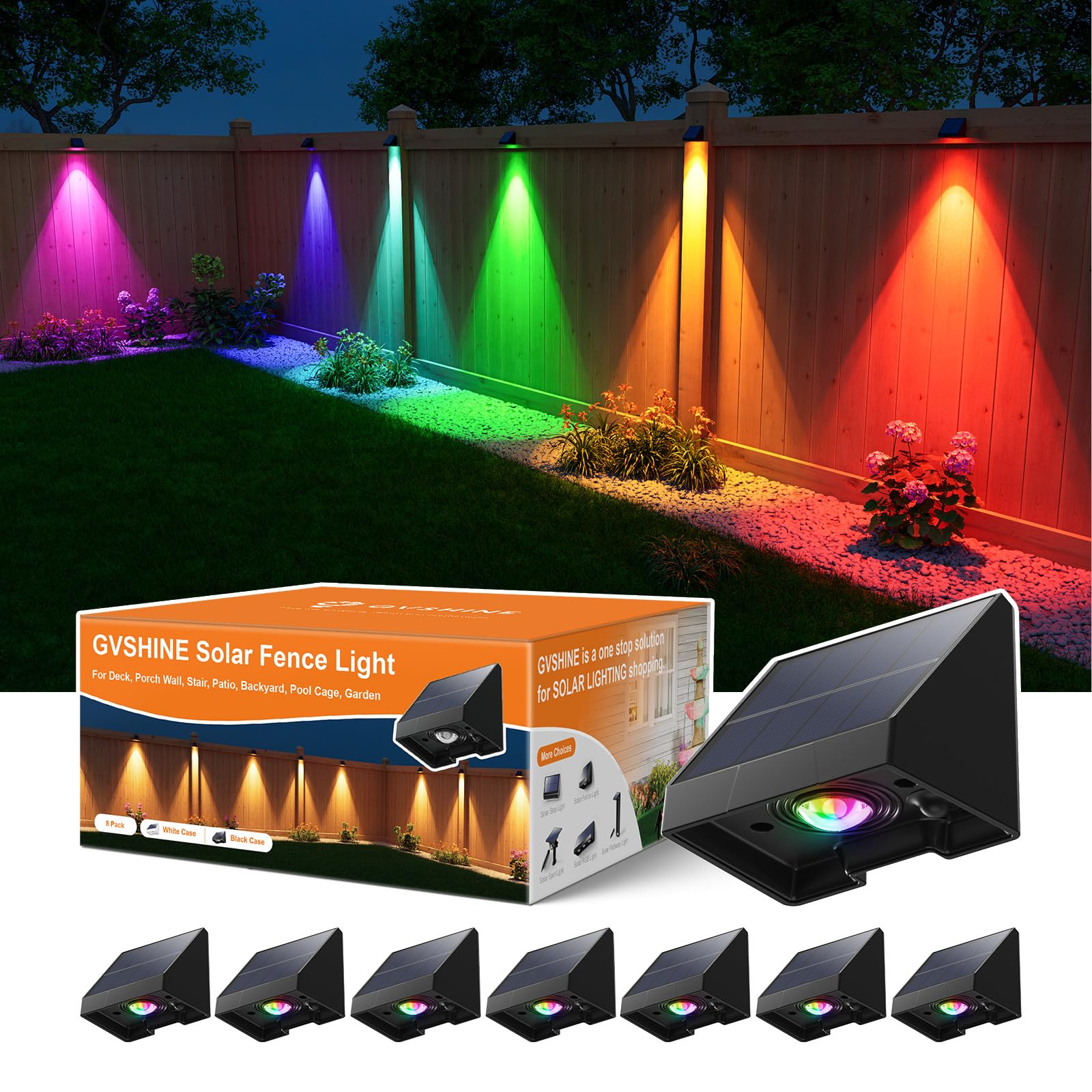 8 Pack Color Changing Solar Powered Fence Lights Outdoor Decorative LED Waterproof Yard Lighting for Outside Wall, Deck, House P