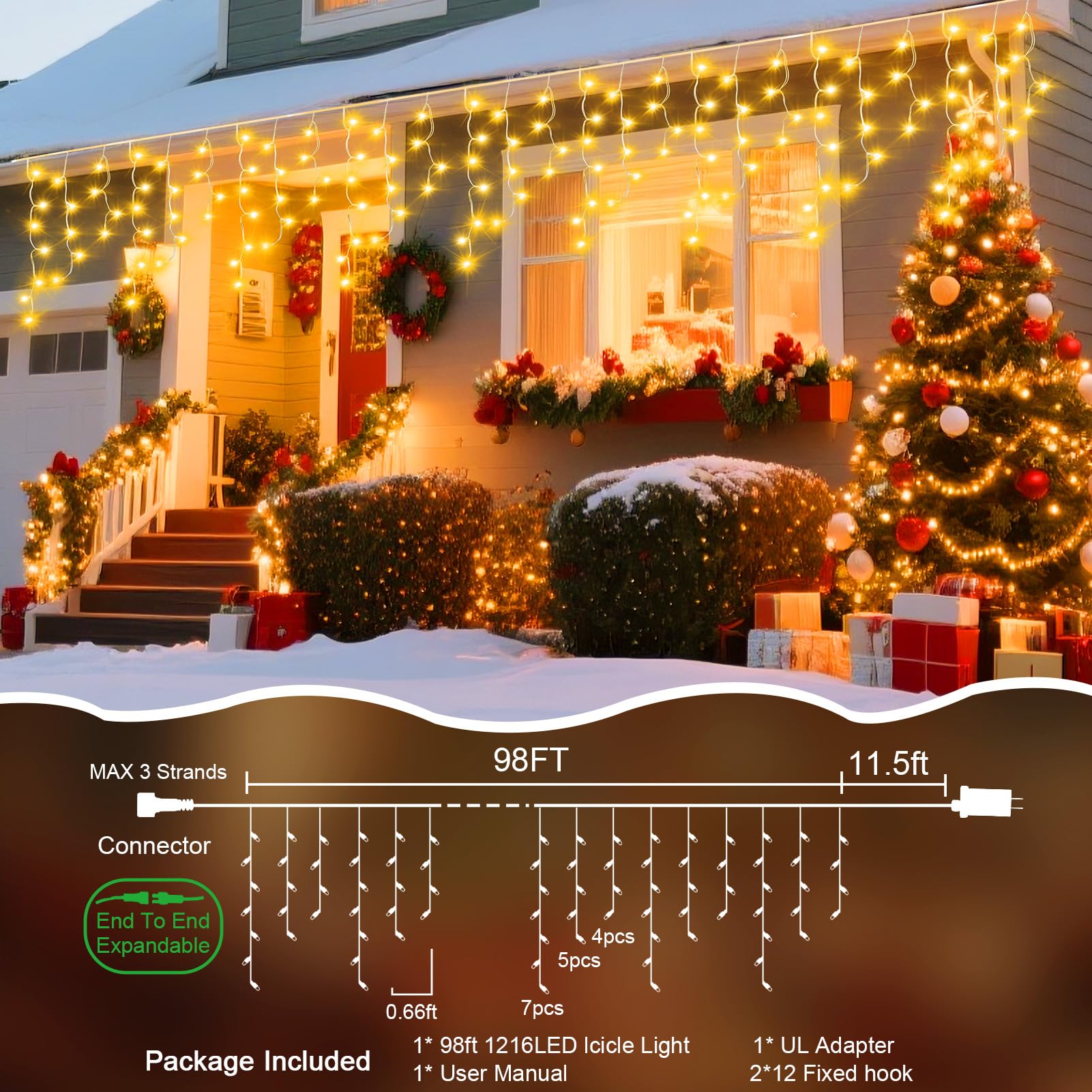 Jdgjyds 98 Ft Ice Lights For Outside  1216 Led Christmas Lights Outdoor Plug In  Christmas String Lights With 8 Modes & Timer For Holiday  Party  Wedding  House  Patio  Outdoor Decor(Warm White)