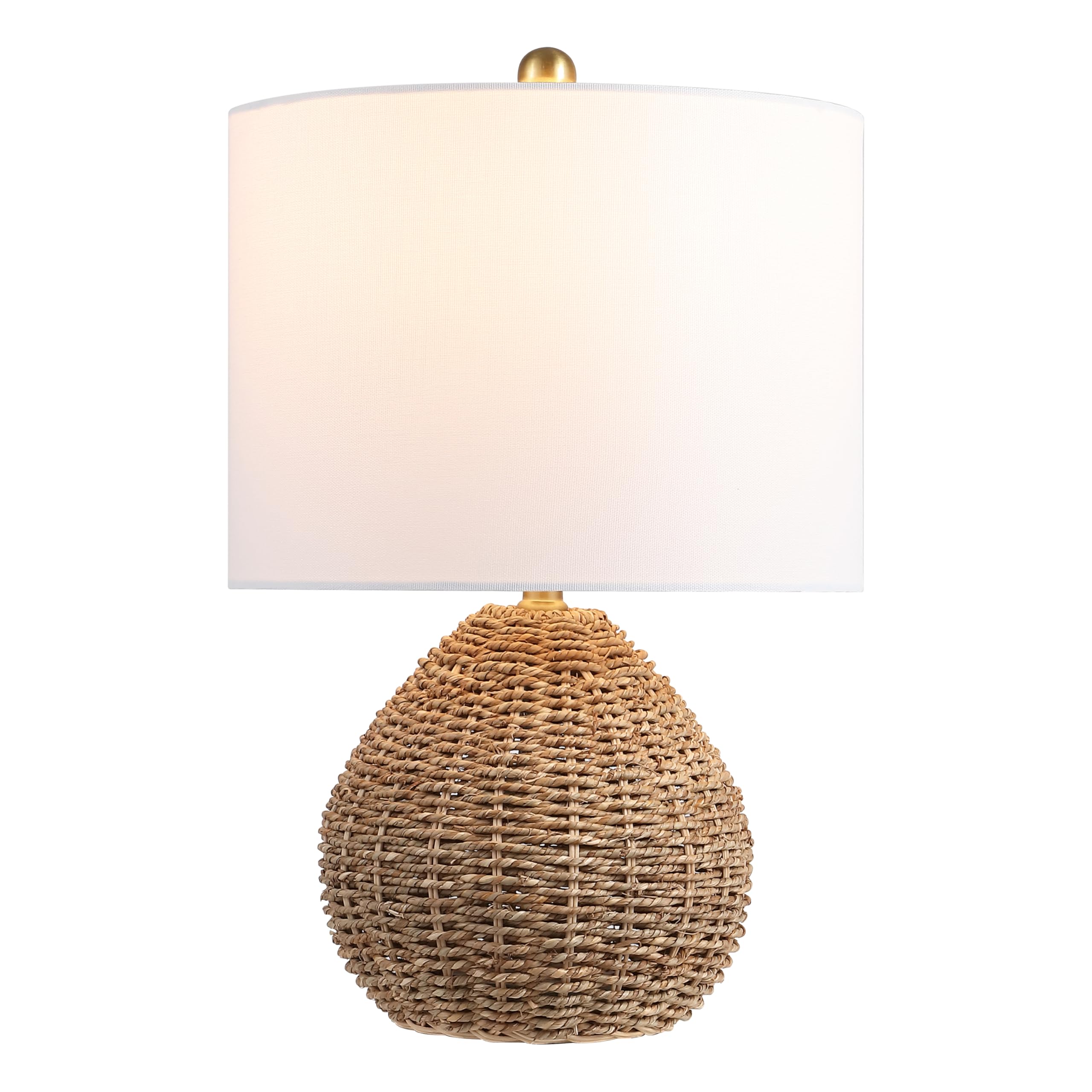 JONATHAN Y 20.5 Brown Rattan and Iron LED Table Lamp, Coastal Bohemian Farmhouse Woven Nightstand Lamp with White Linen Drum Sha