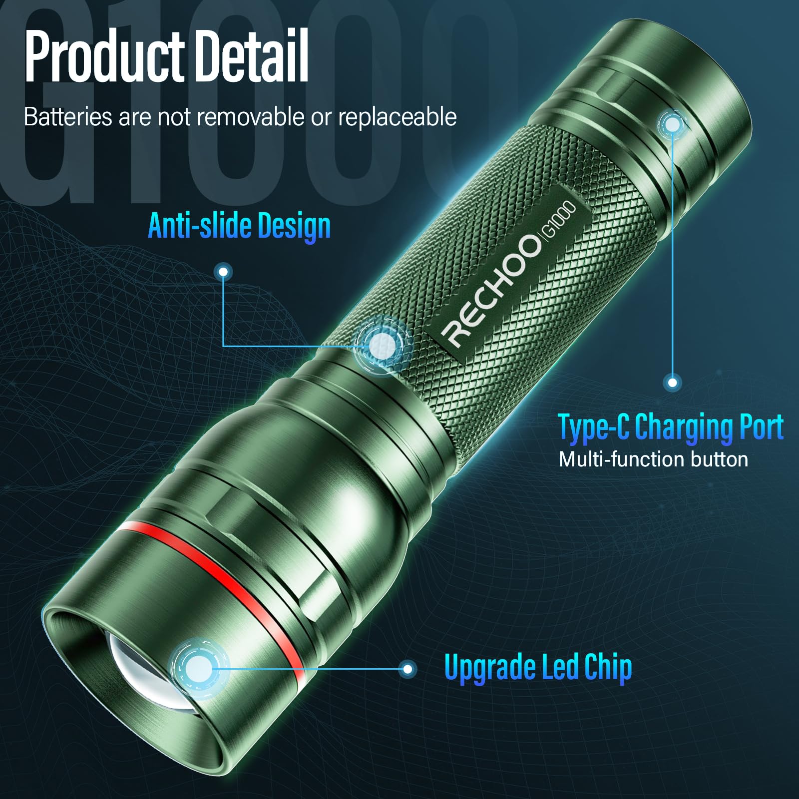 RECHOO G1000 Rechargeable Flashlight - High Lumens, Zoomable, 3 Modes, Portable Tactical, Green, Aluminum, 1 Pack