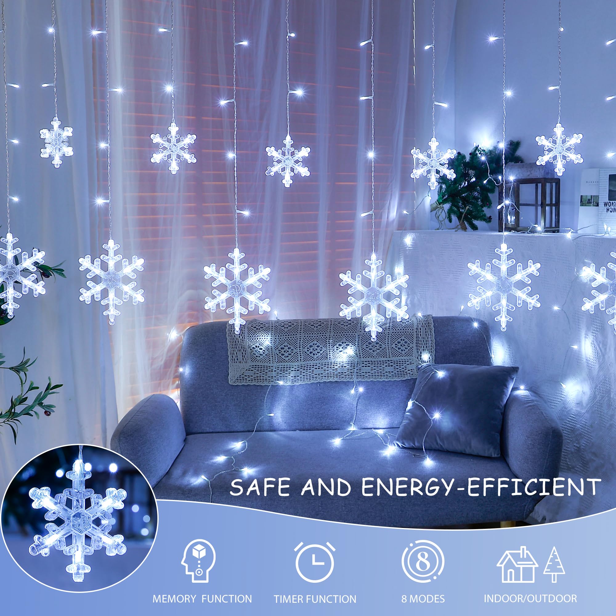 Qunlight 144LED Christmas Snowflake Icicle Lights, 6.5ft Outdoor Fairy Light, Waterproof, White, 8 Modes for Indoor/Outdoor Xmas Decor