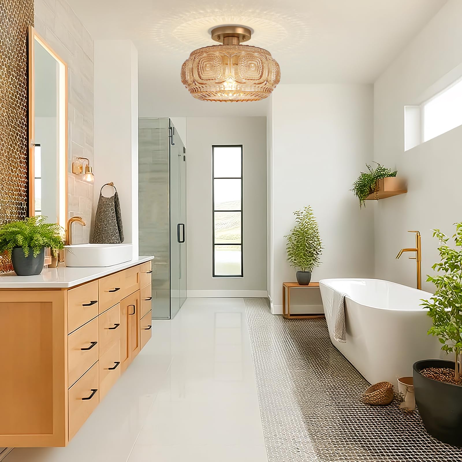 Oykyohei Semi Flush Mount Ceiling Light  Upgraded Larger Amber Glass Ceiling Light Fixture  Vintage Lighting For Hallway Kitchen Bedroom Dining Room  Bulb Not Included