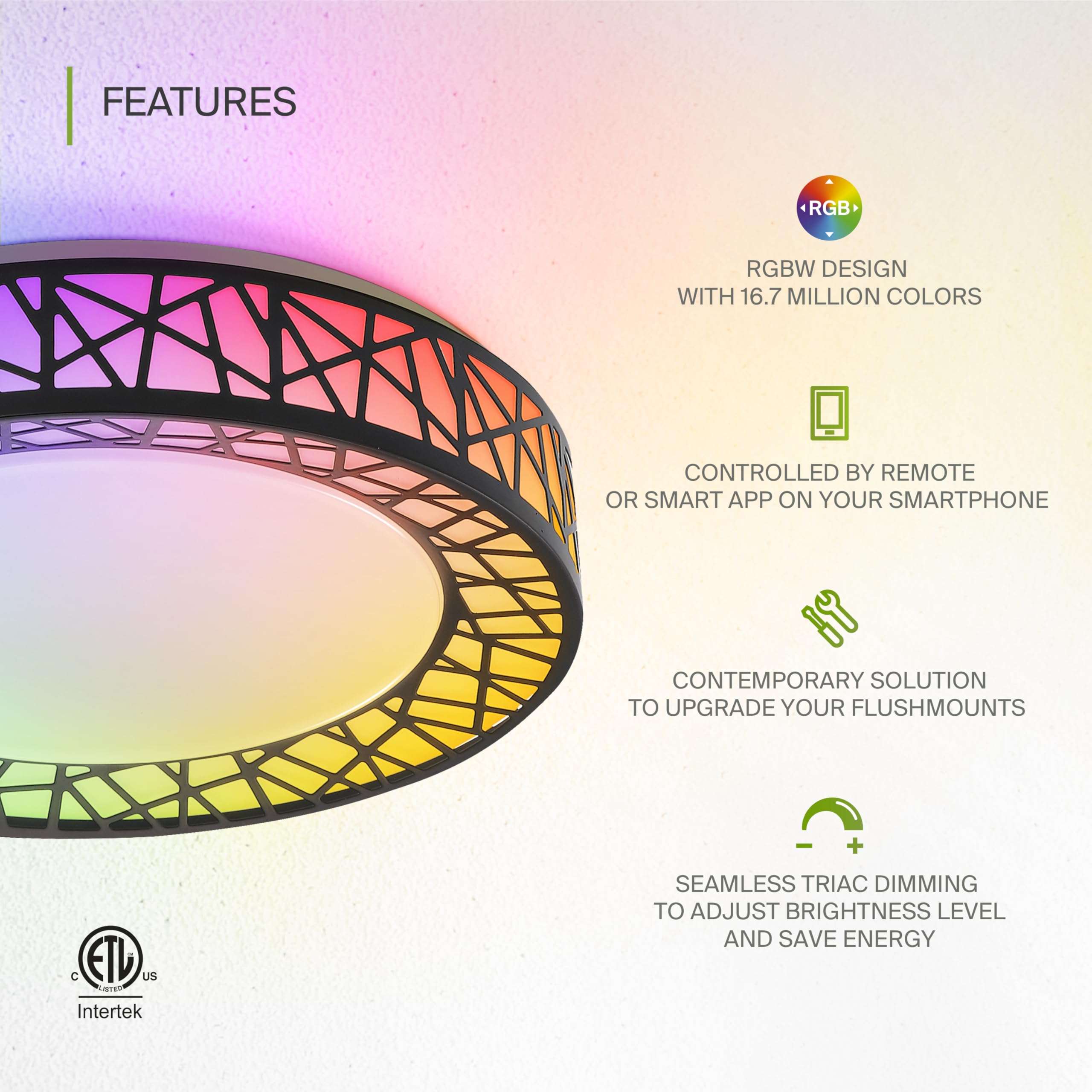 ASD 12 Inch Smart RGBW Flush Mount Ceiling Light, Dimmable, WiFi App Control, Matte Black, 20W, 4 Pack, Model A-LFM12D20SR