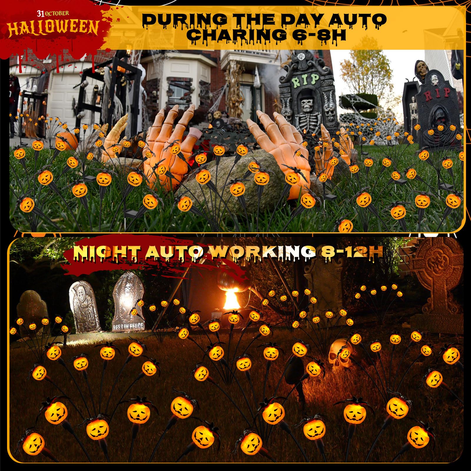 Weepong Halloween Decorations Outdoor - 4 Pack Solar Lights, 24 LED Pumpkin Lights with Spider & Bats, Orange, Model WEP-SPL-4PC