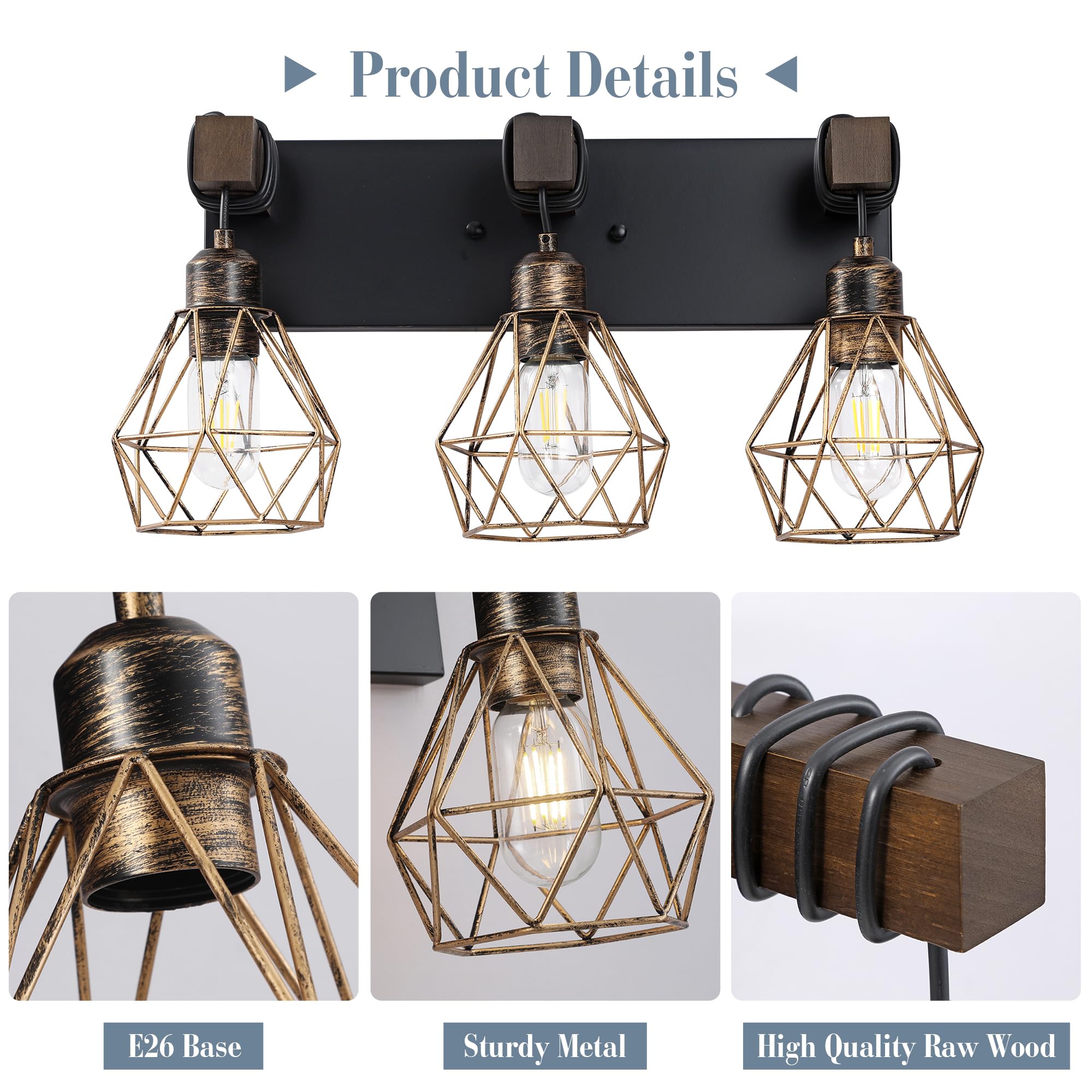 Farmhouse Bathroom Light Fixtures, 3-Light Bathroom Lighting Fixtures Over Mirror, Rustic Wood Black Gold Vanity Lights Wall Sco