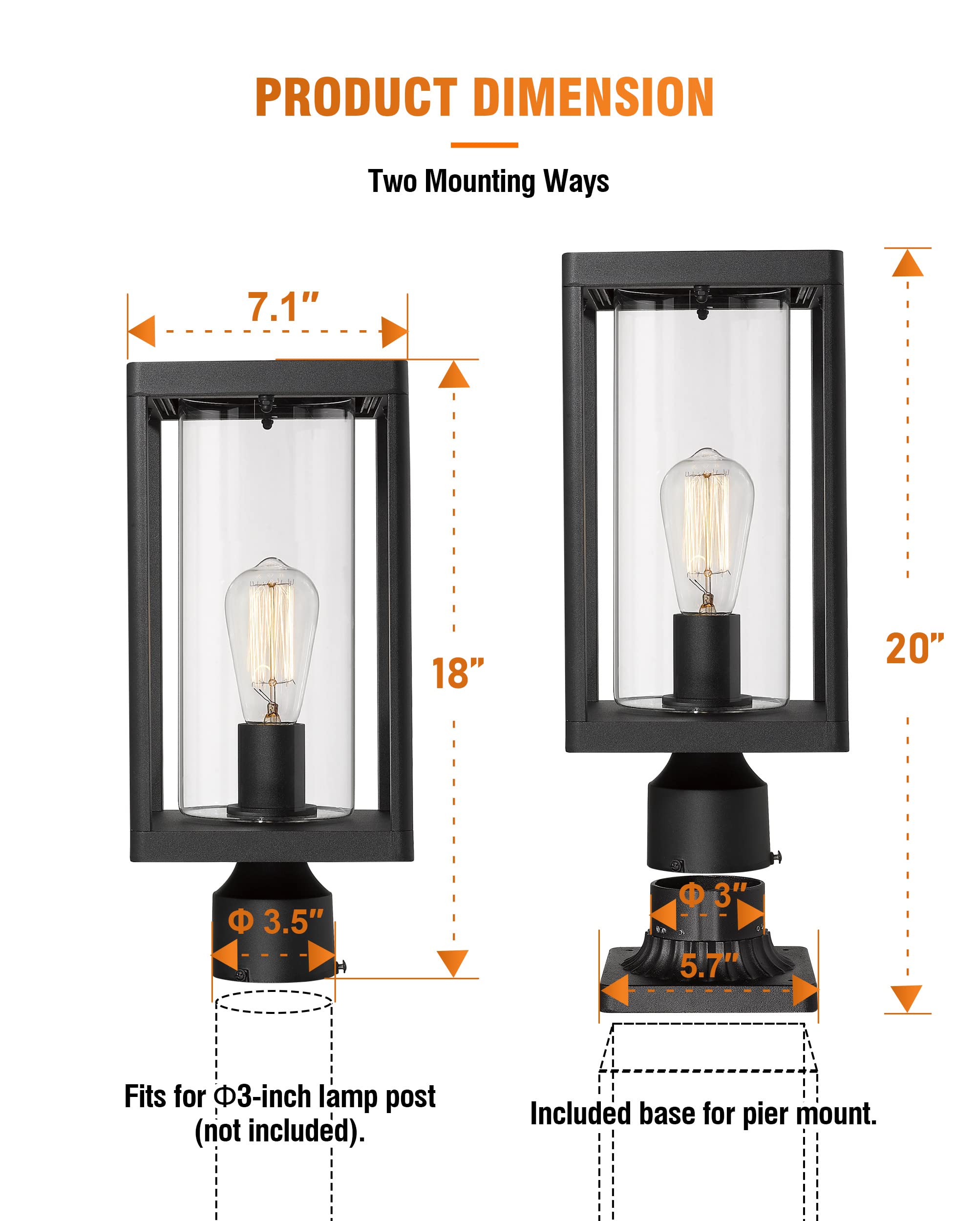 Beionxii Outdoor Post Lantern, Modern Lamp Post Light Fixture, Black Cast Aluminum, Extra Large, Model BXA291-P-2PK, Set of 2