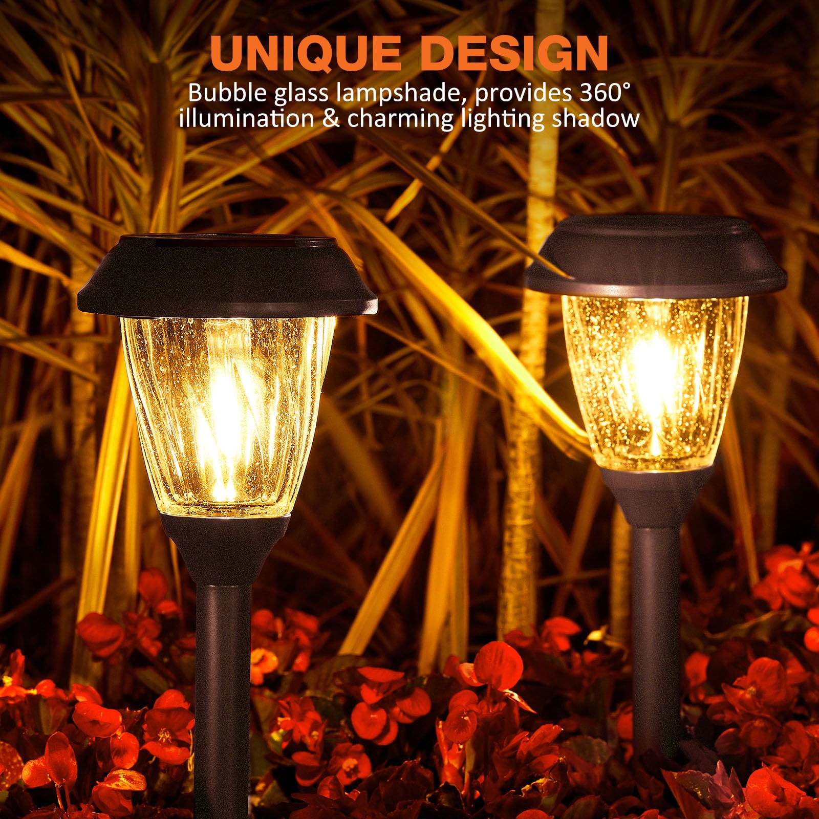 XMCOSY+ Solar Garden Lights, IP65 Waterproof, Stainless Steel, 10/25 LM, Warm White, 6 Pack, Model SL-0204-06, Reddish-B