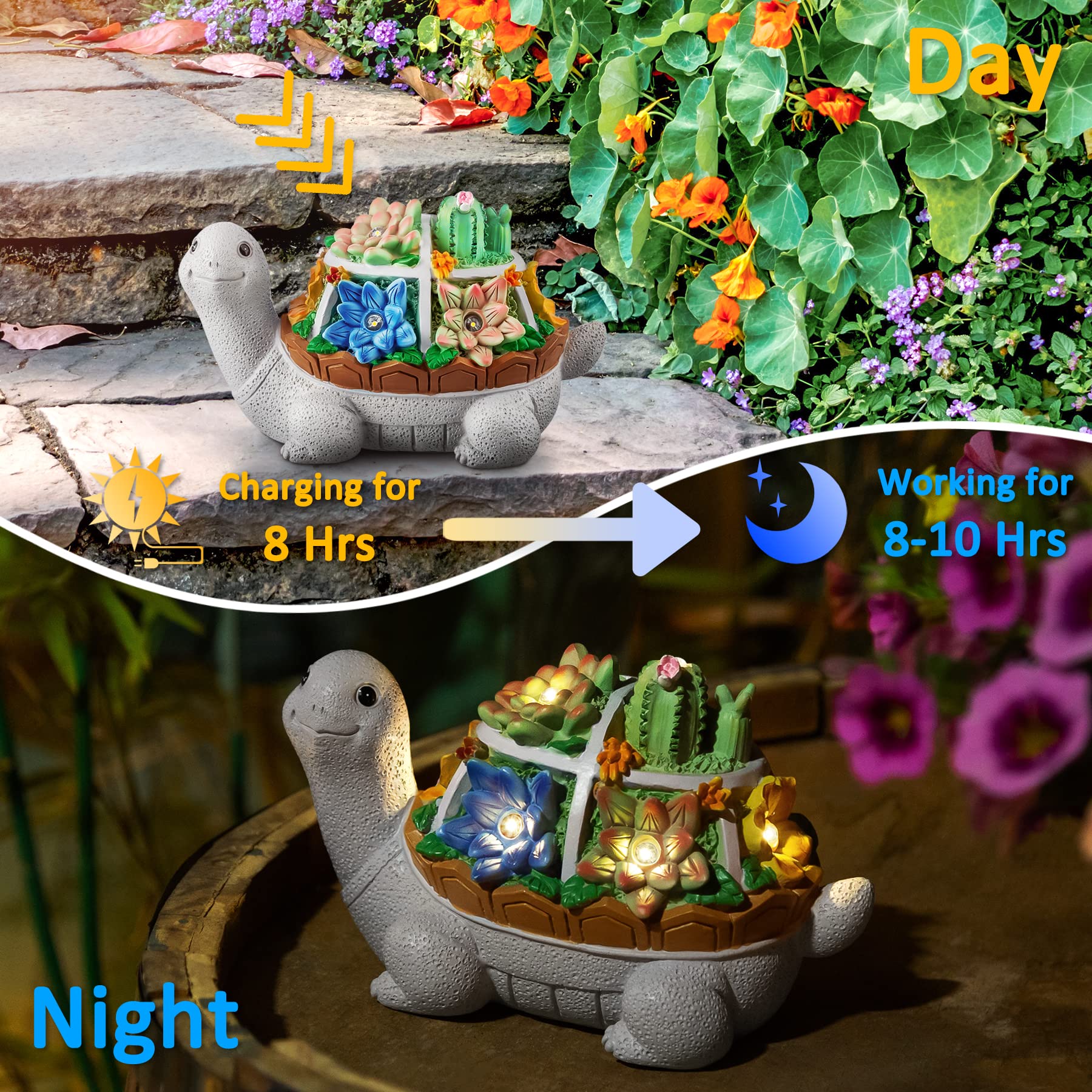 Garden Statues, Turtle Solar Garden Outdoor Statues Lawn Ornaments with Cactus & LED Lights, Tortoise Figurines Outdoor Clearanc