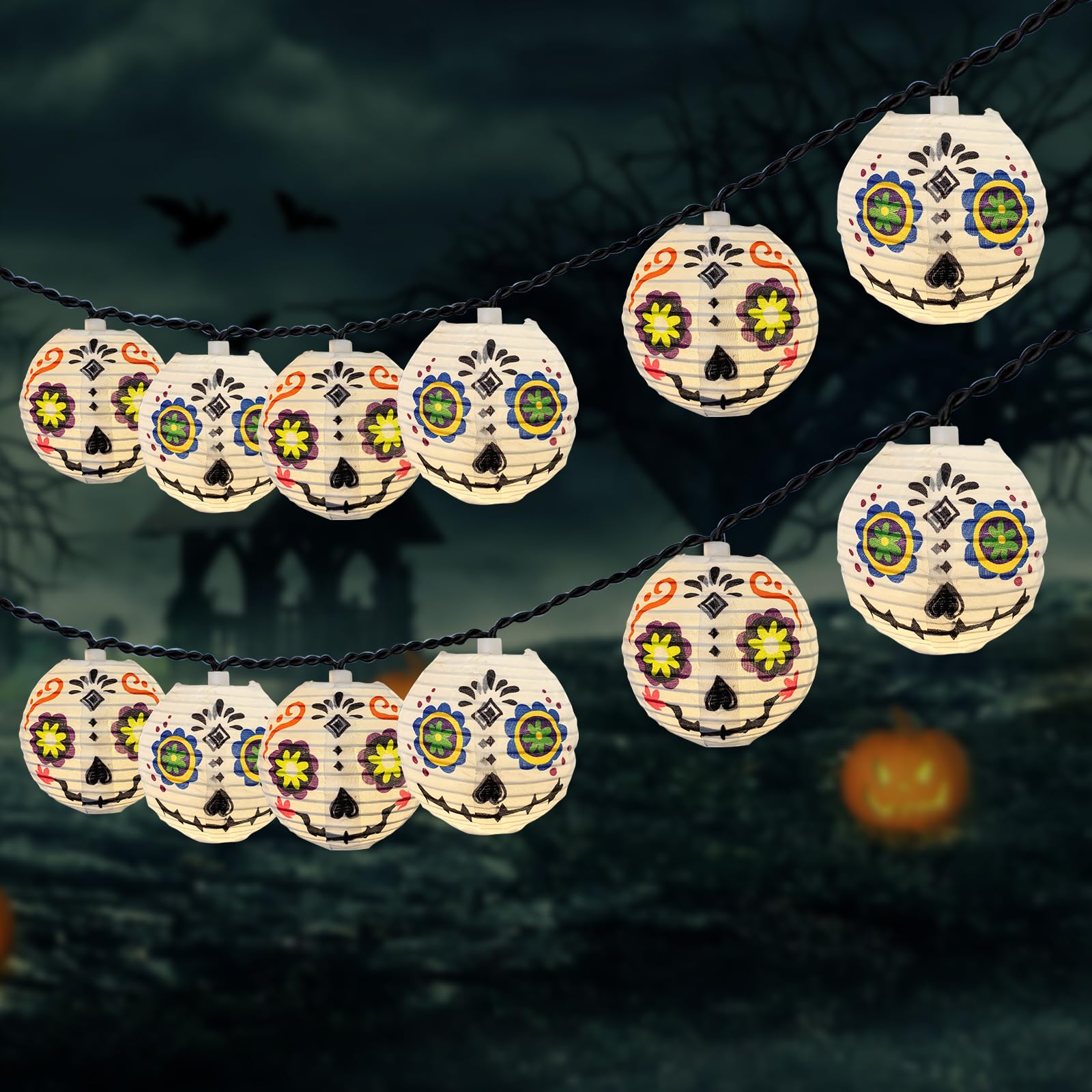 Abeja Halloween Lantern String Lights, 8.5FT, Grimace Nylon, 10 Mini LED Bulbs, Connectable Decor