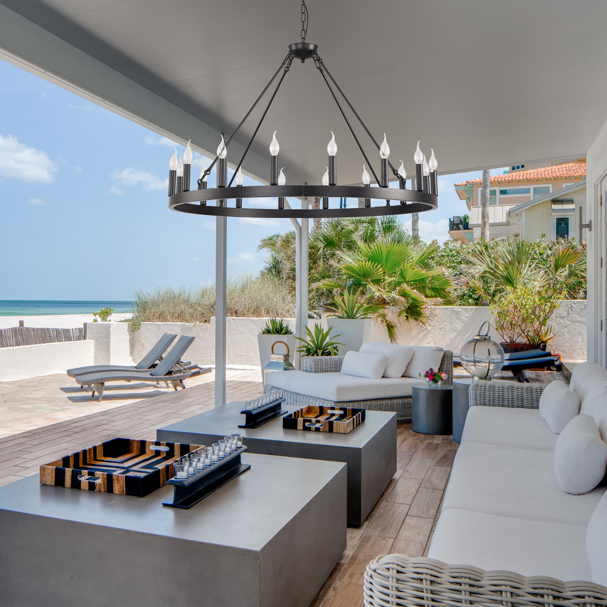 Sarudiir 40&quot; Black 16-Light Rustic Farmhouse Wagon Wheel Chandelier For Porch & Dining Room