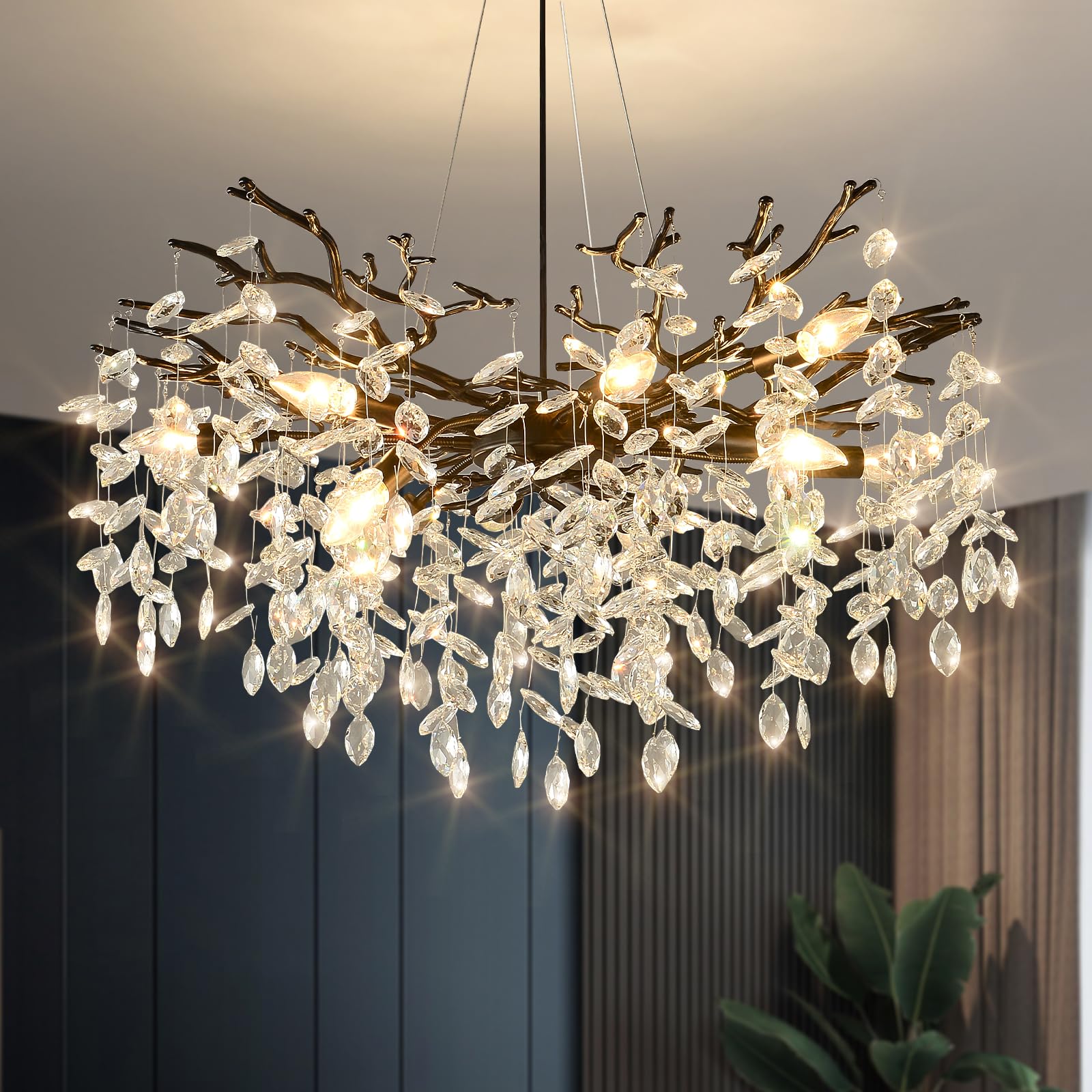 Egm Tree Branch Crystal Chandelier, 32 Inch Living Room Black Crystal Chandelier 10-Light(E12), Hanging Branch Chandeliers For D