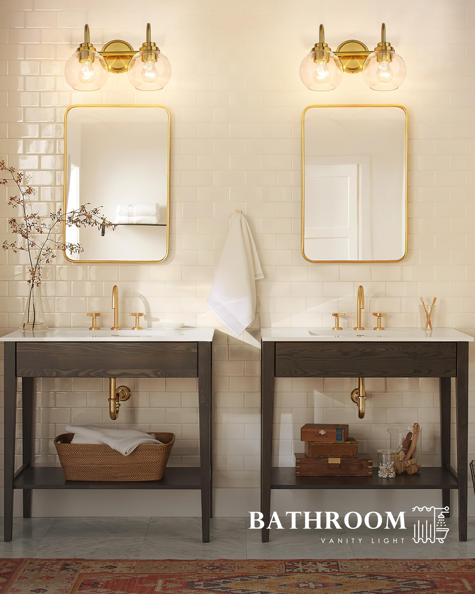 Audickic 2-Light Brushed Gold Light Fixture, Champagne Bronze Vanity Light with Clear Glass Shade, Brass Bathroom Light Over Mir