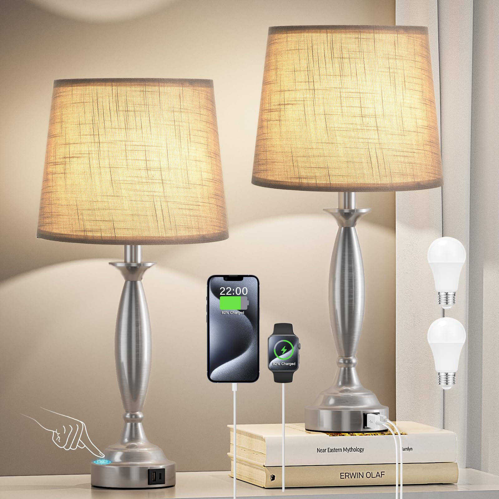 Seealle Touch Bedside Lamps Set of 2 - 3 Way Dimmable, USB Port, 22.5in, Metal, Mottled Gray Shade and Nickel Base