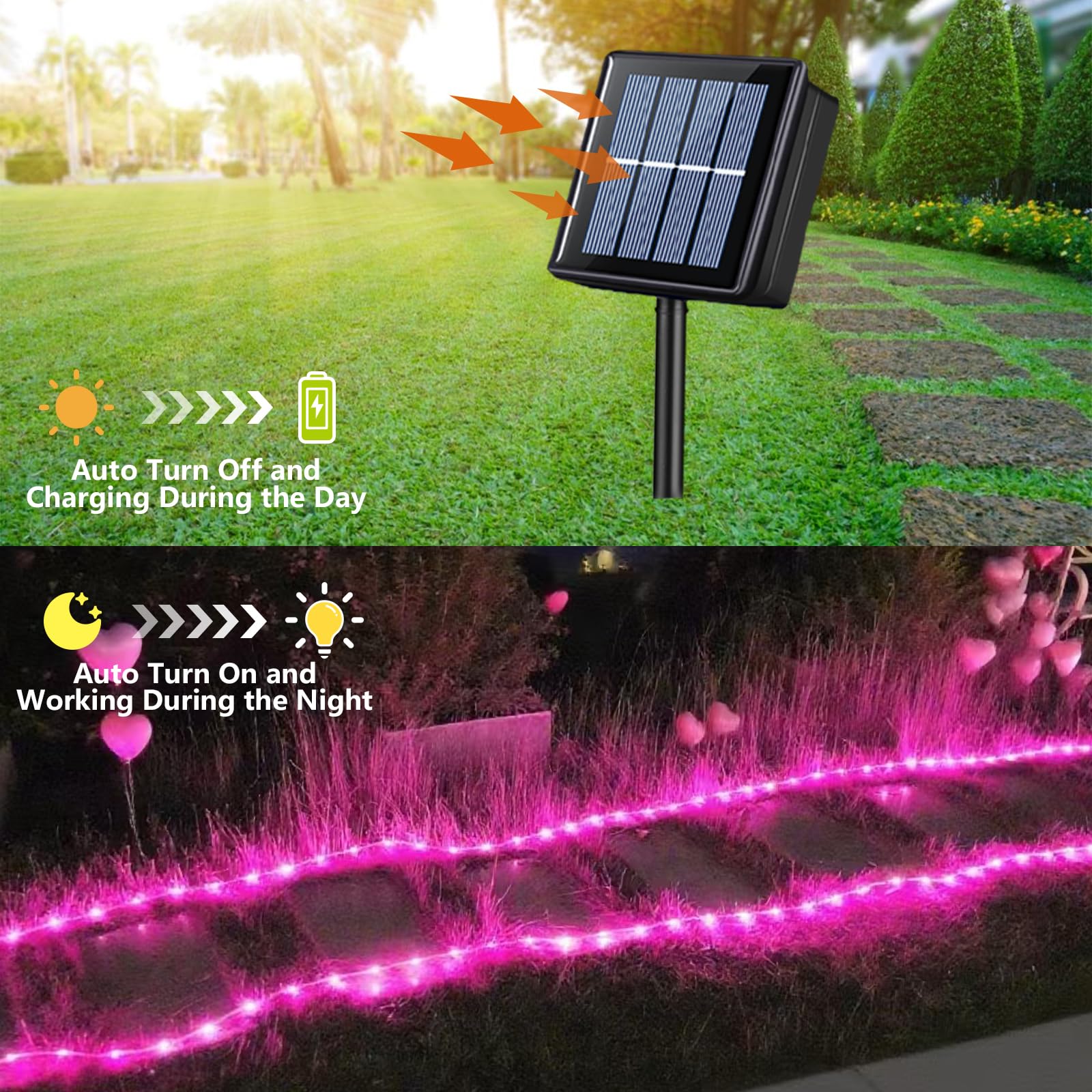 Qitong Pink Solar Rope Lights Outdoor Waterproof, 2 Pack Each 33Ft 100 Led Christmas String Lights, Fairy Lights In Clear Thin T