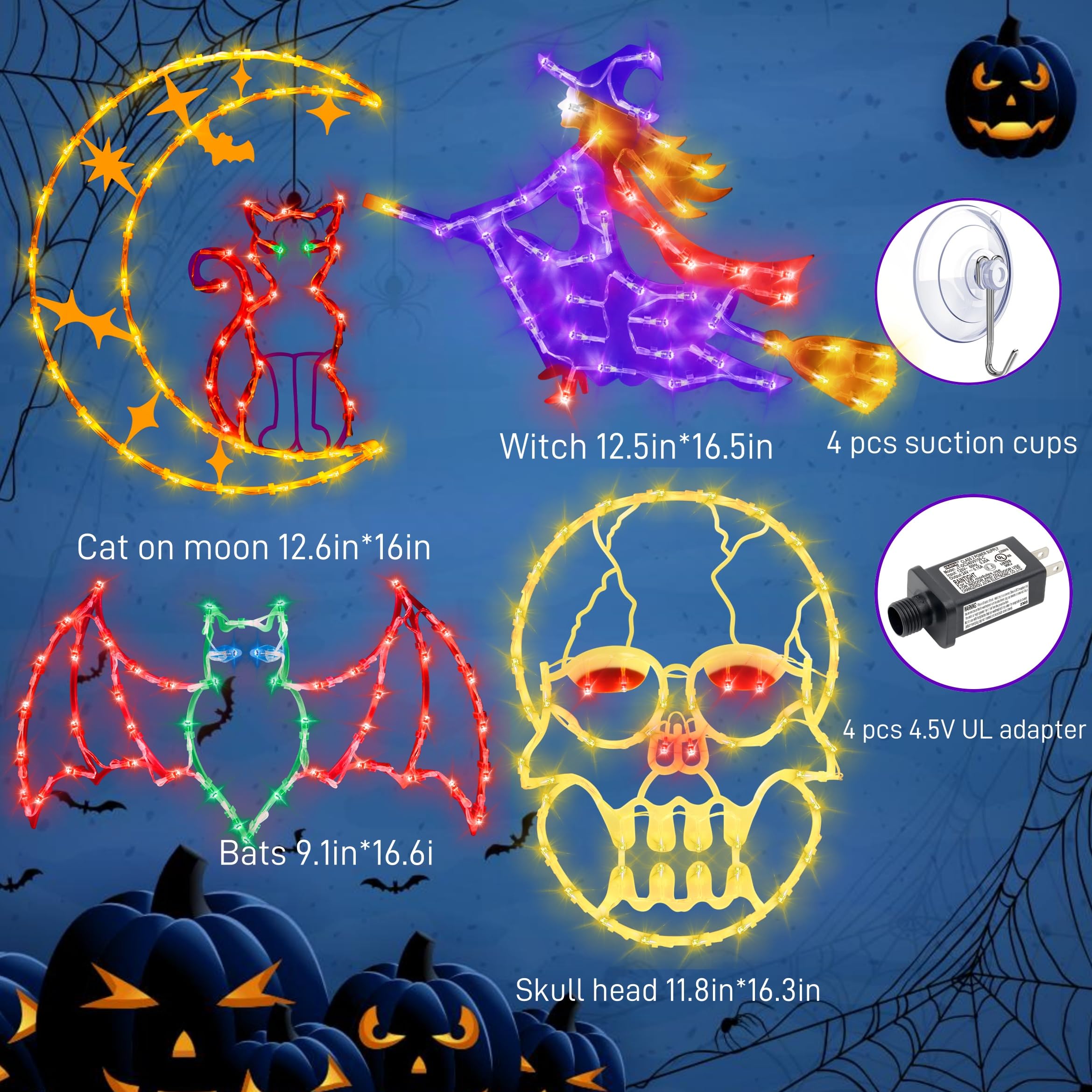 Trwymz Halloween Window Lights - 16" Halloween Window Silhouette Lights - 4 Pack Colour Lighted Witch & Bat & Skull Head & Cat On Moon For Holiday Indoor And Outdoor Wall Door Window Decorate