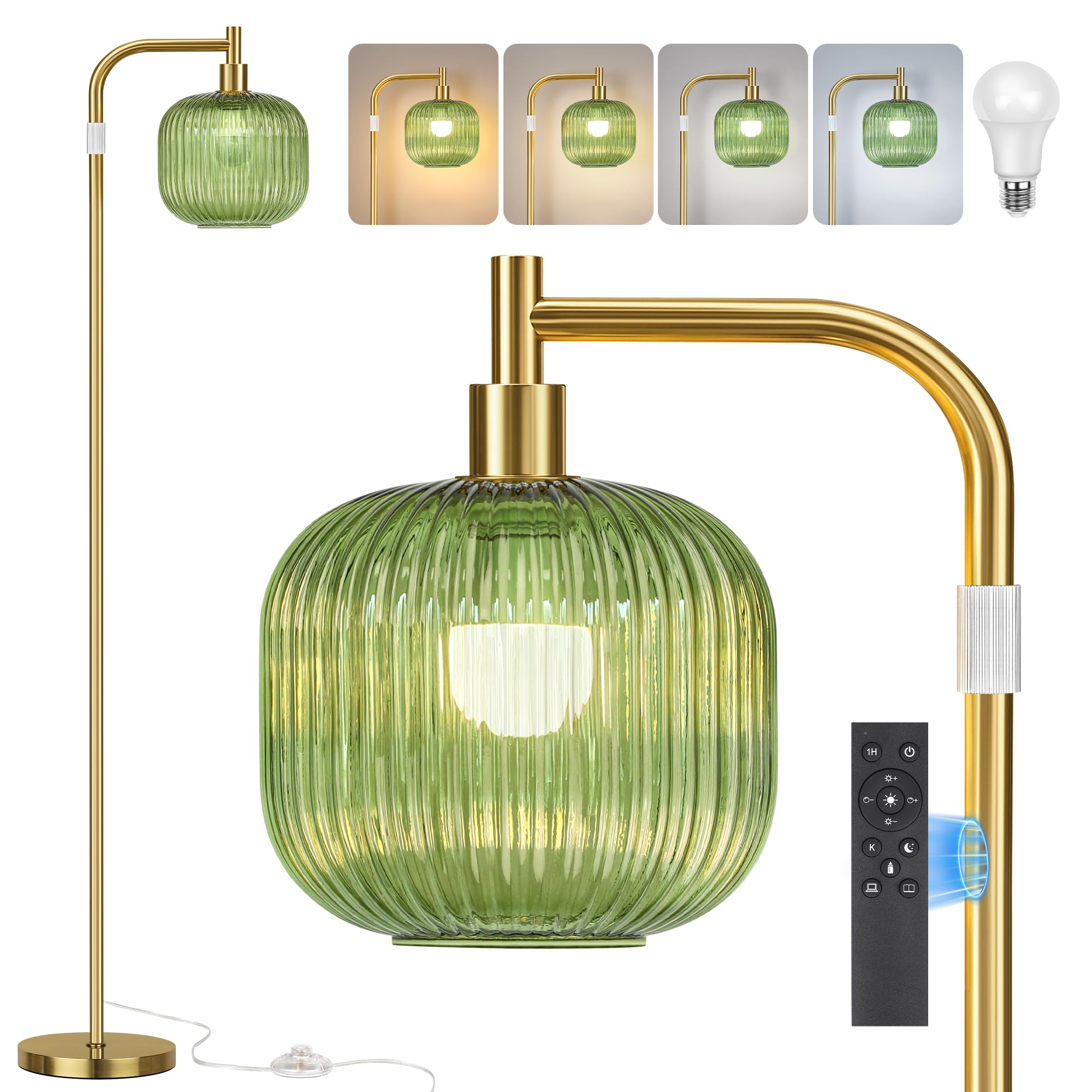QiMH Glass Floor Lamp for Living Room  Modern Standing Lamp with Green Ribbed Glass Lampshade  Remote Control & Adjustable Height  65  - 70 Tall Lamp for Bedroom Study Room  Brushed Gold