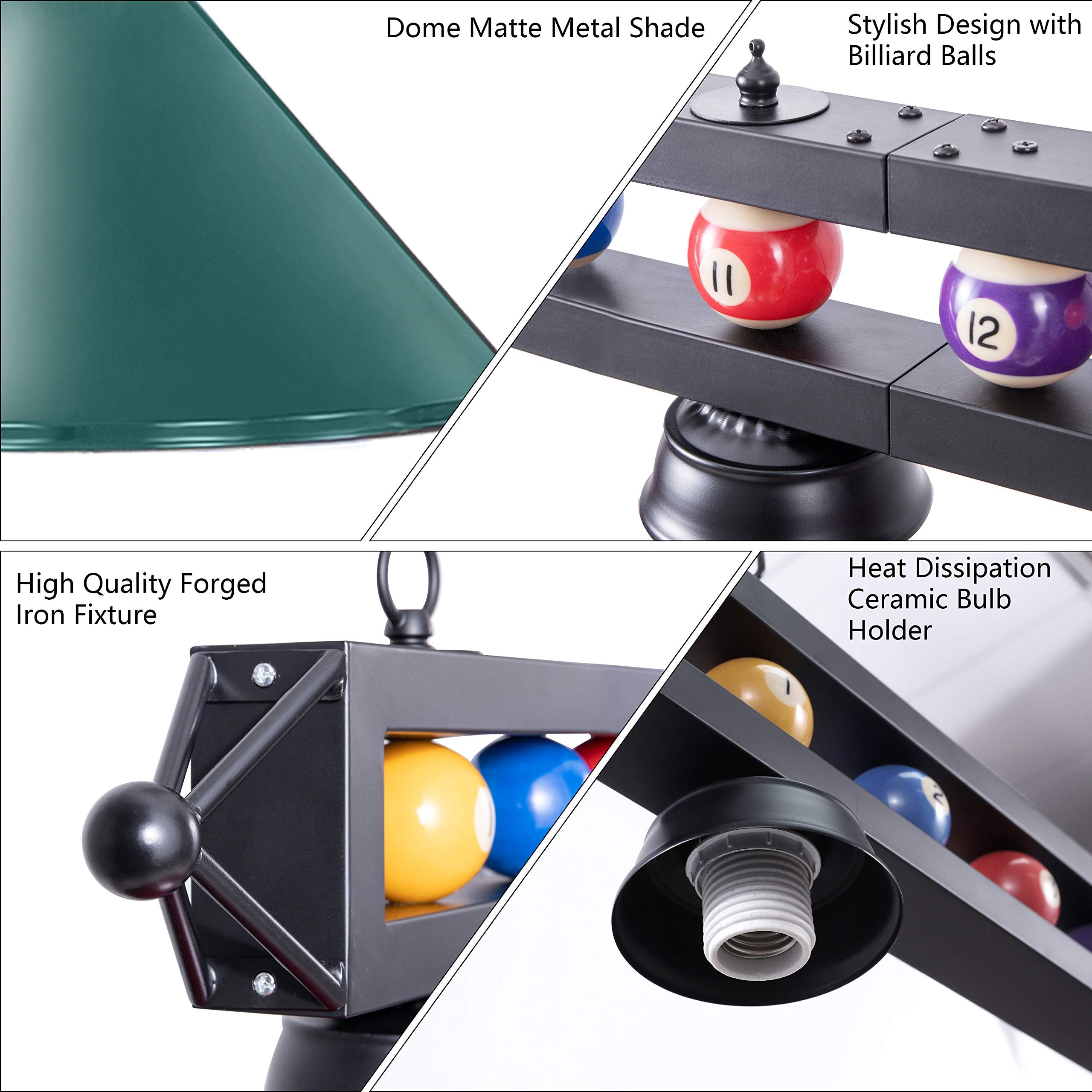 Wellmet Pool Table Light, 3 Lights, Adjustable, 59 inch, Metal, Green, Model CHL-002-light-Green