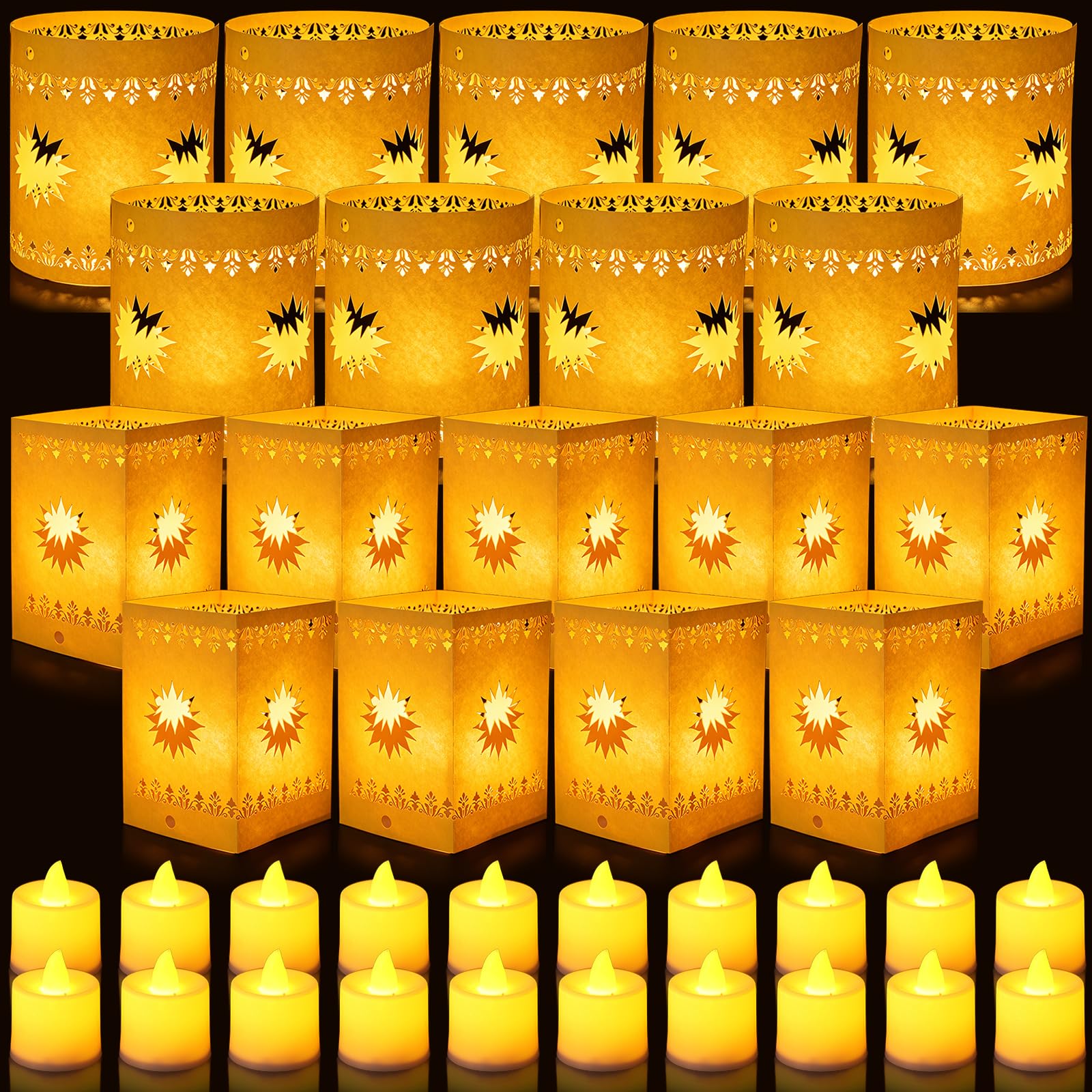 20 Set Paper Lanterns with LED Candles for Table Centerpieces, Sun Shaped Thickened Paper Cutout Lantern for Princess Girls Birt
